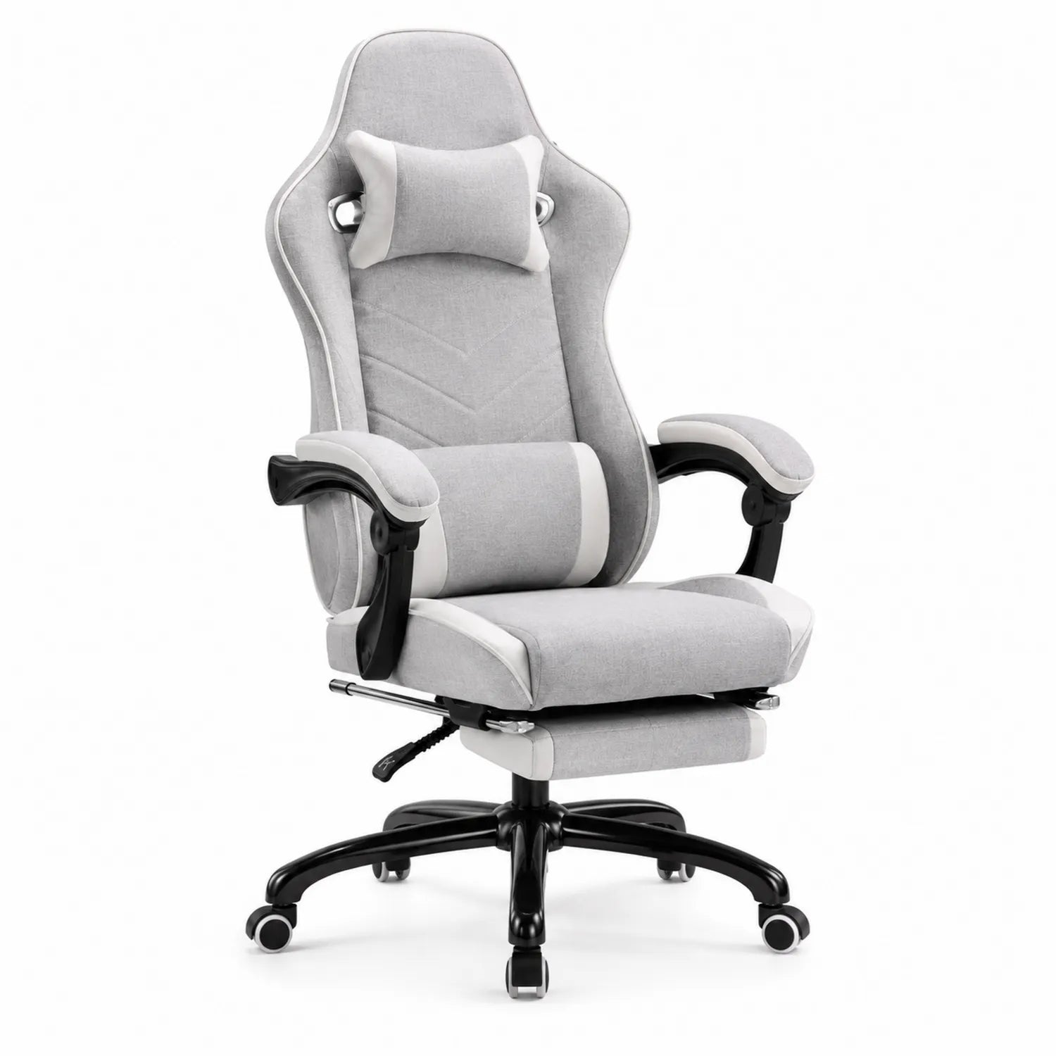 Sedia ergonomica in tessuto grigio/bianco con poggiapiedi regolabile