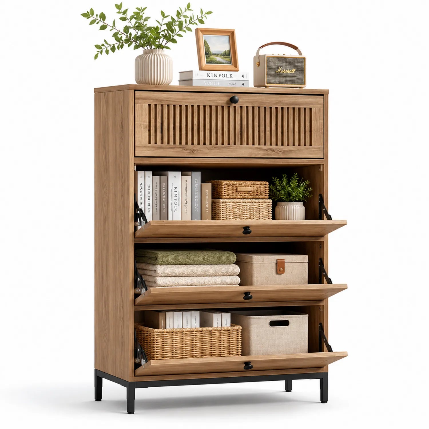 Credenza in Legno e Acciaio con Ante A Ribalta 120x40x180 cm
