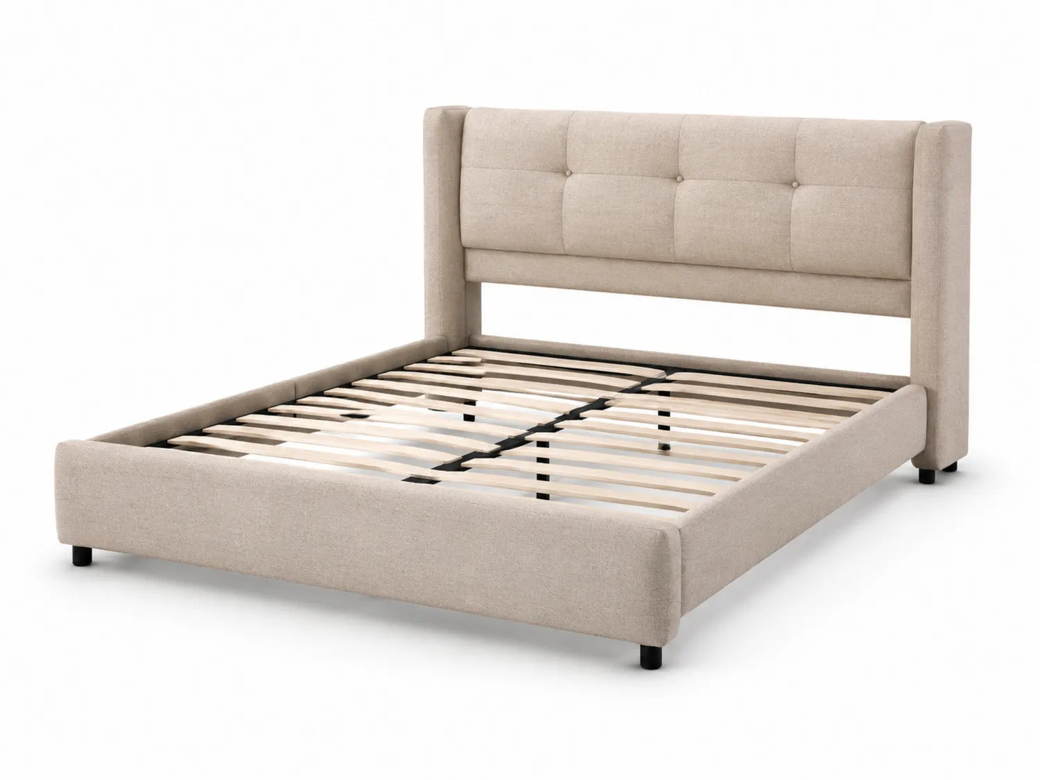 Letto matrimoniale in tessuto beige con testiera trapuntata