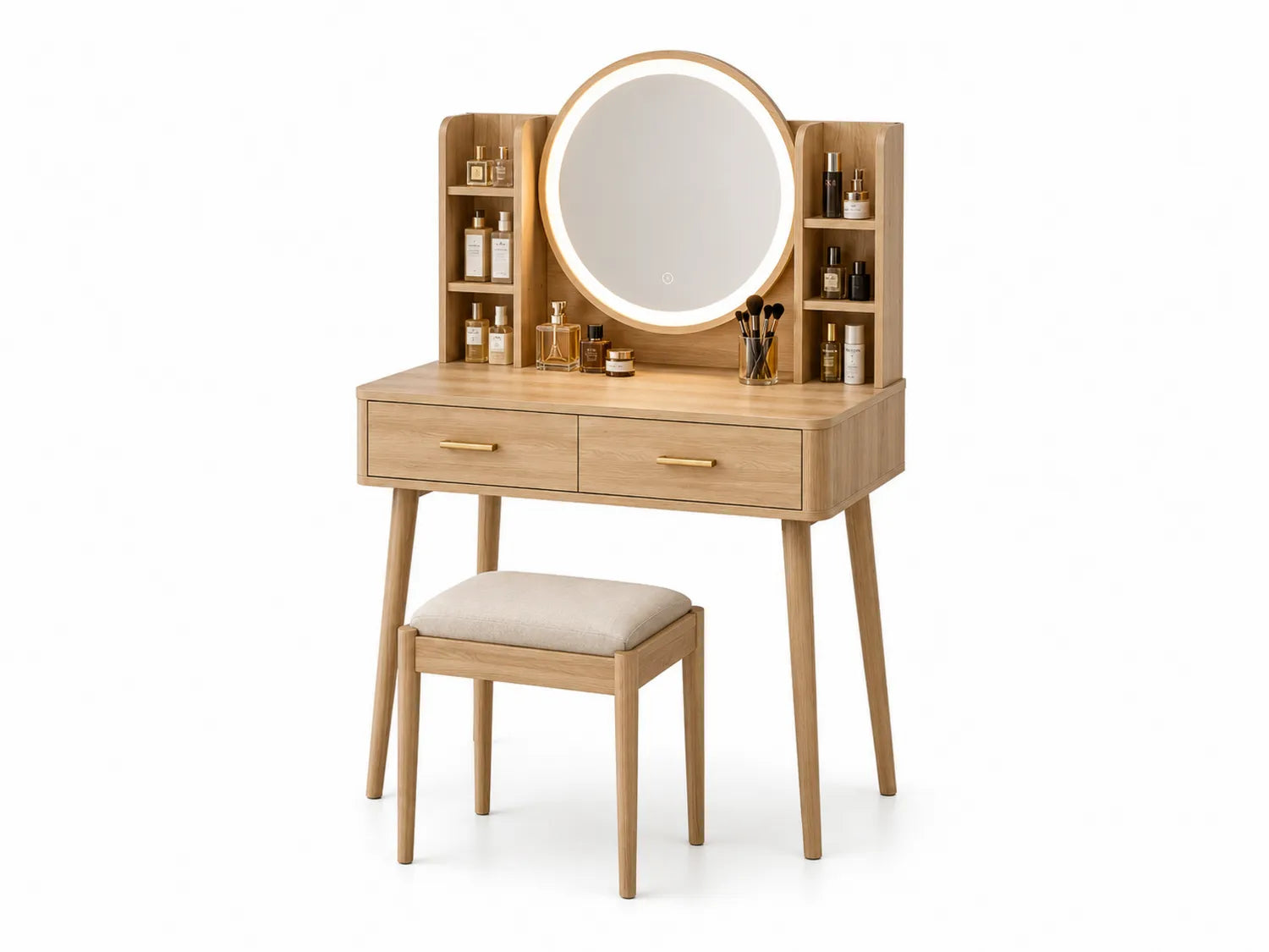 Toletta da trucco in legno con specchio a LED e sgabello imbottito