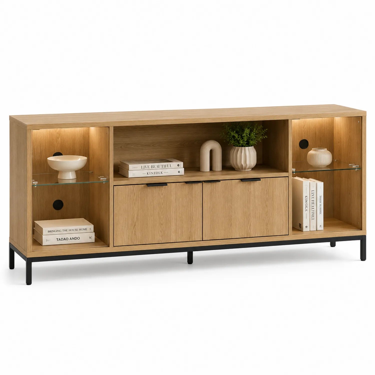Mobile TV in Rovere con Mensole in Vetro e Struttura in Metallo 150x40x60 cm