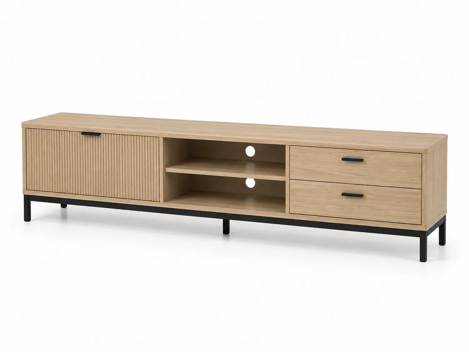 Mobile TV in MDF quercia con gambe in metallo nero