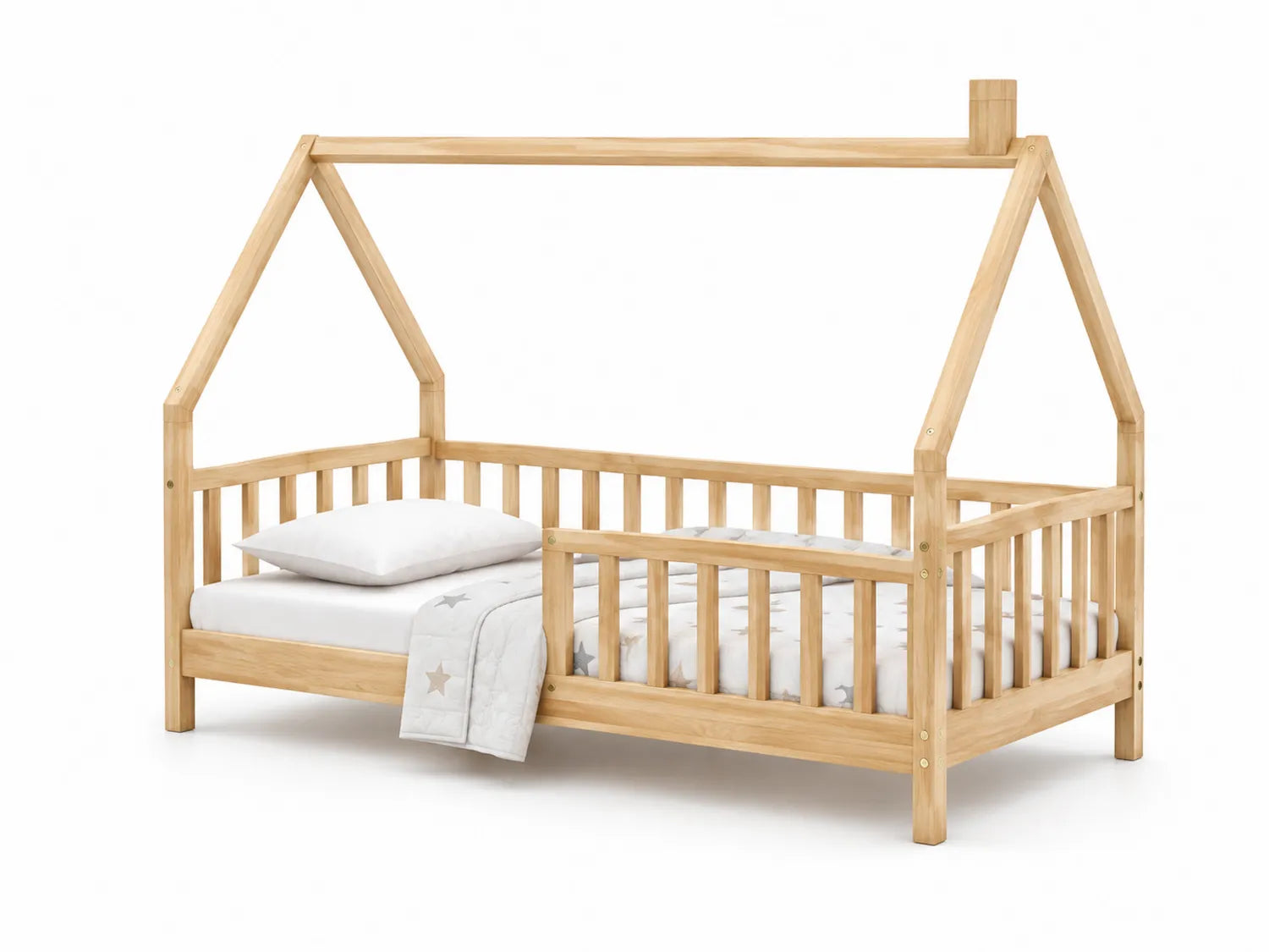 Letto per bambini in legno massello naturale a forma di casa con cuscino e coperta
