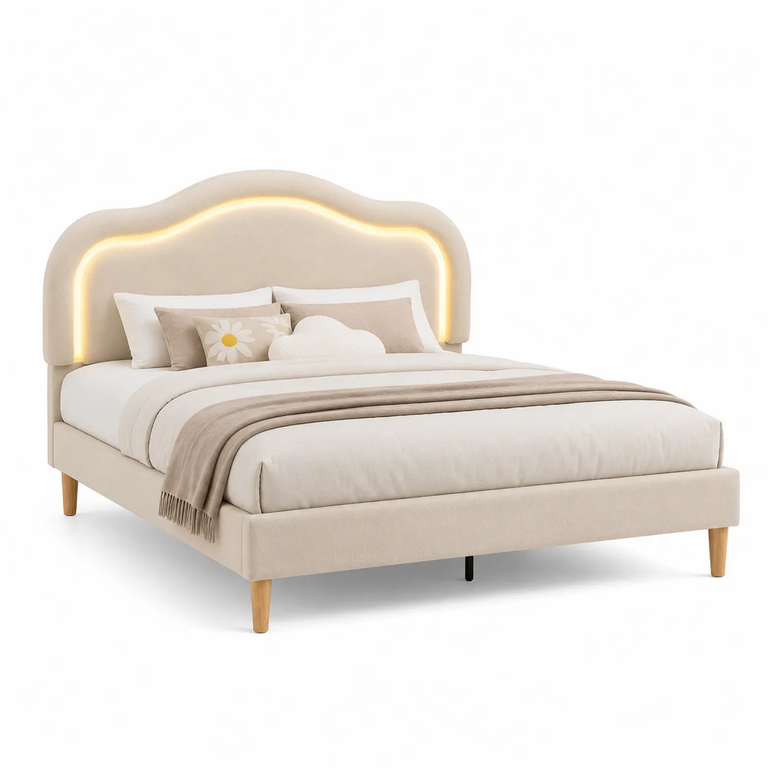 Letto matrimoniale in legno con rivestimento in tessuto beige e luci LED
