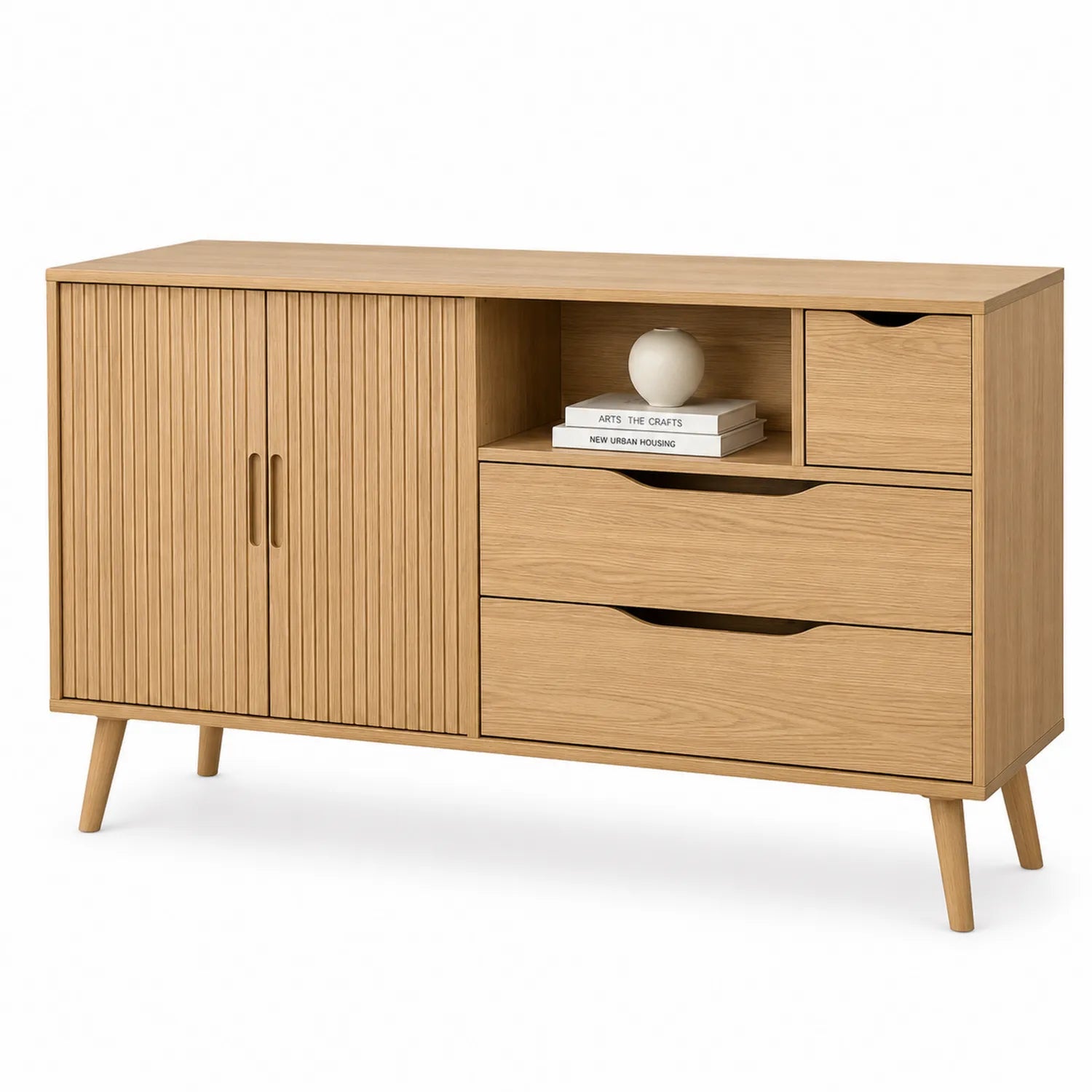 Credenza in Legno di Rovere Chiaro con Ante e Cassetti