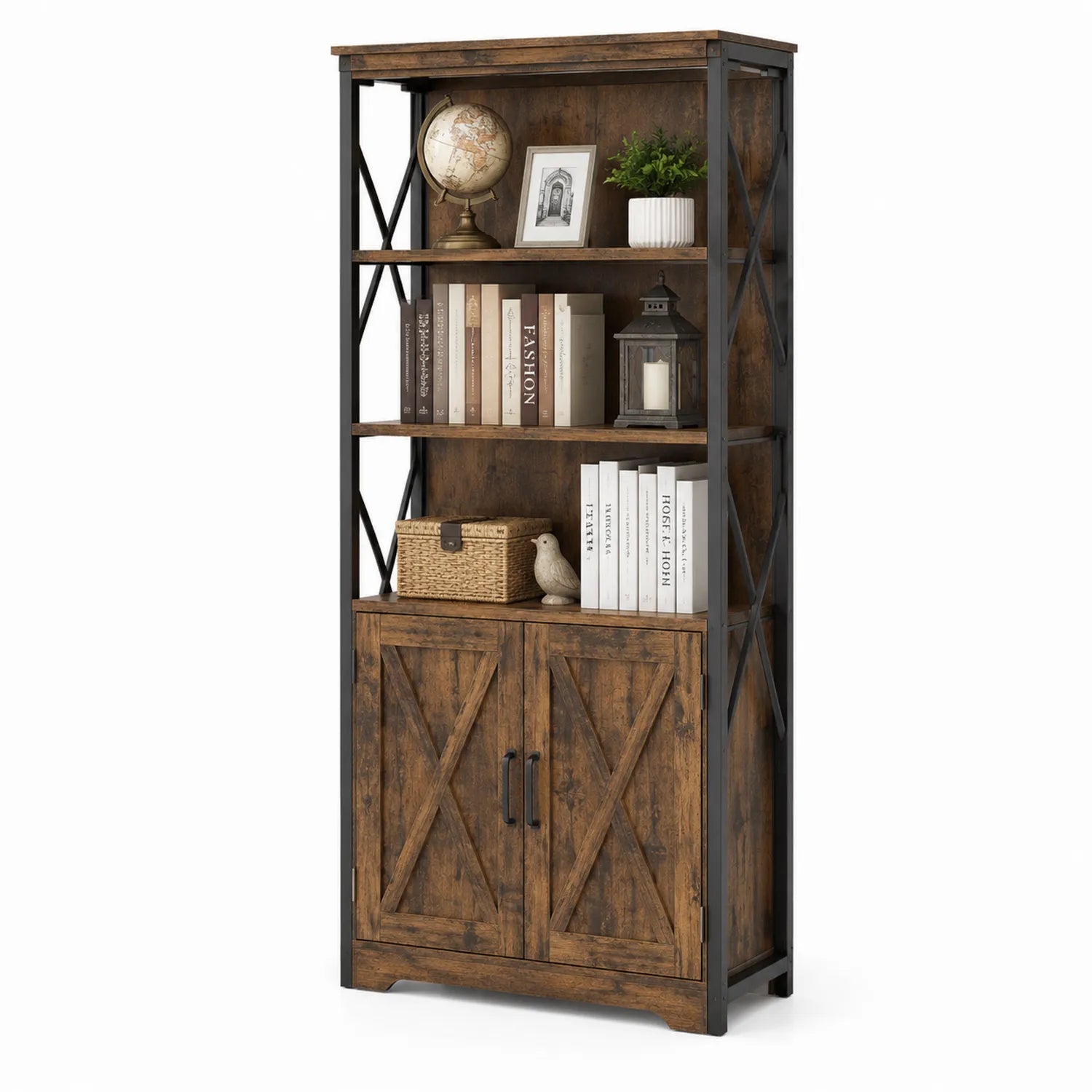 Libreria in Legno e Metallo Marrone/Nero con Ripiani