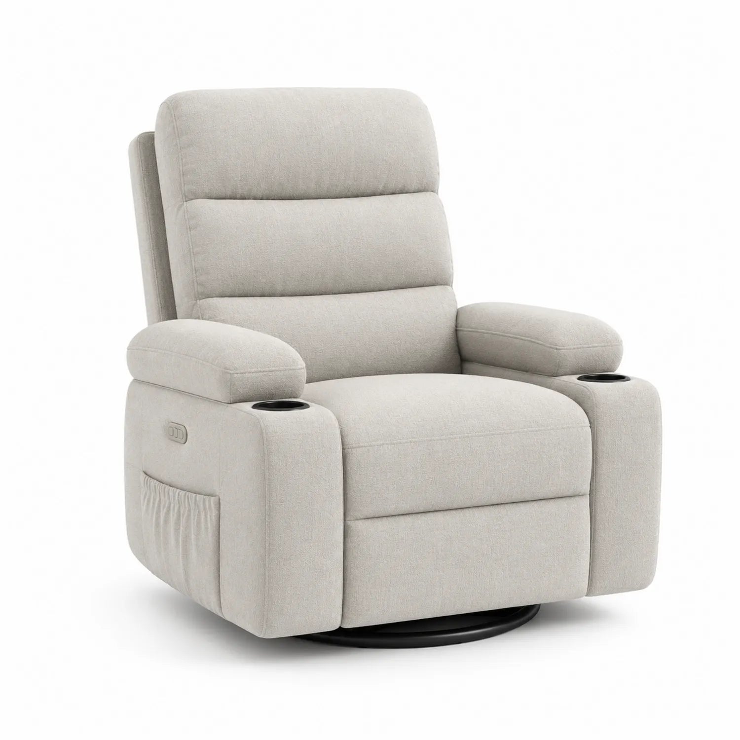 Poltrona reclinabile in tessuto poliestere beige con portabicchieri e tasca laterale