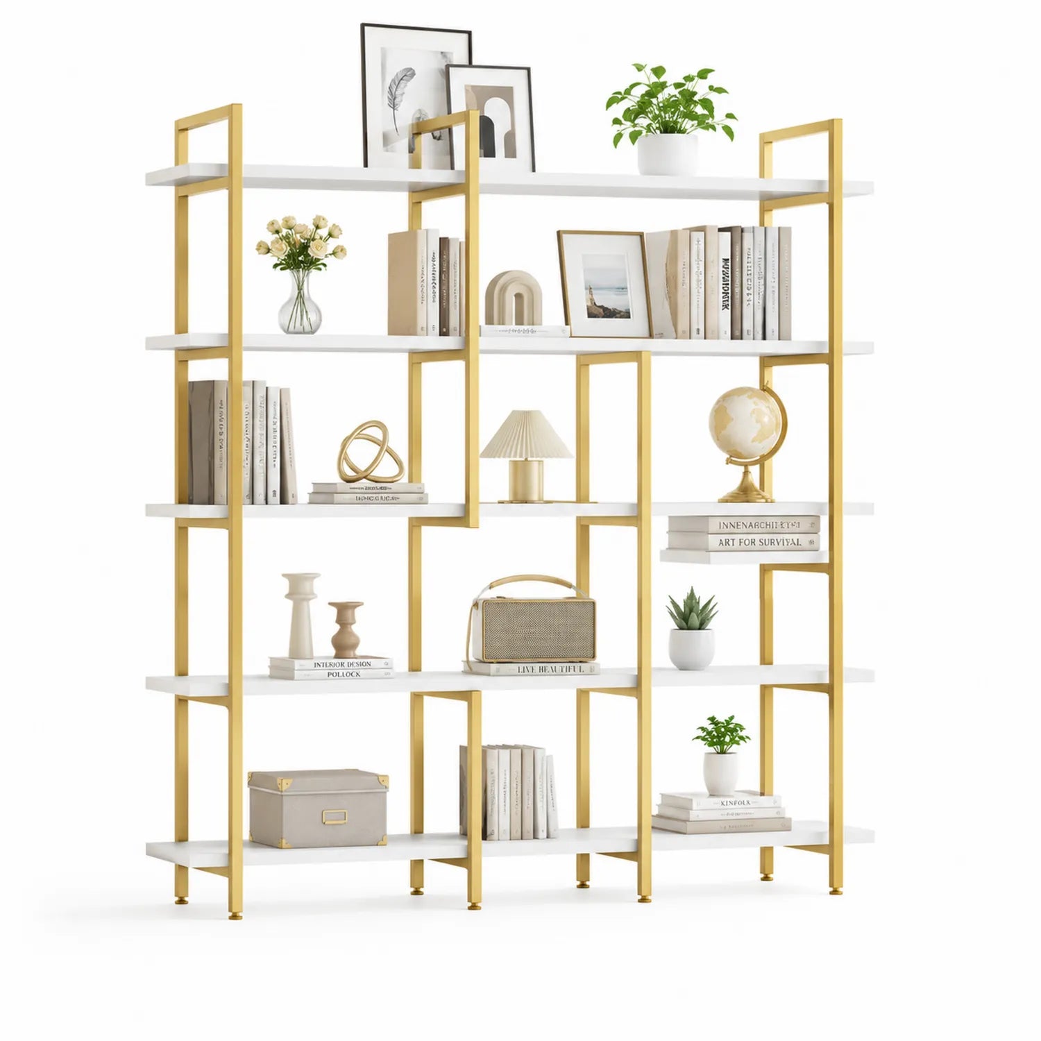 Libreria a 5 Ripiani in Metallo e Legno Bianco e Dorato