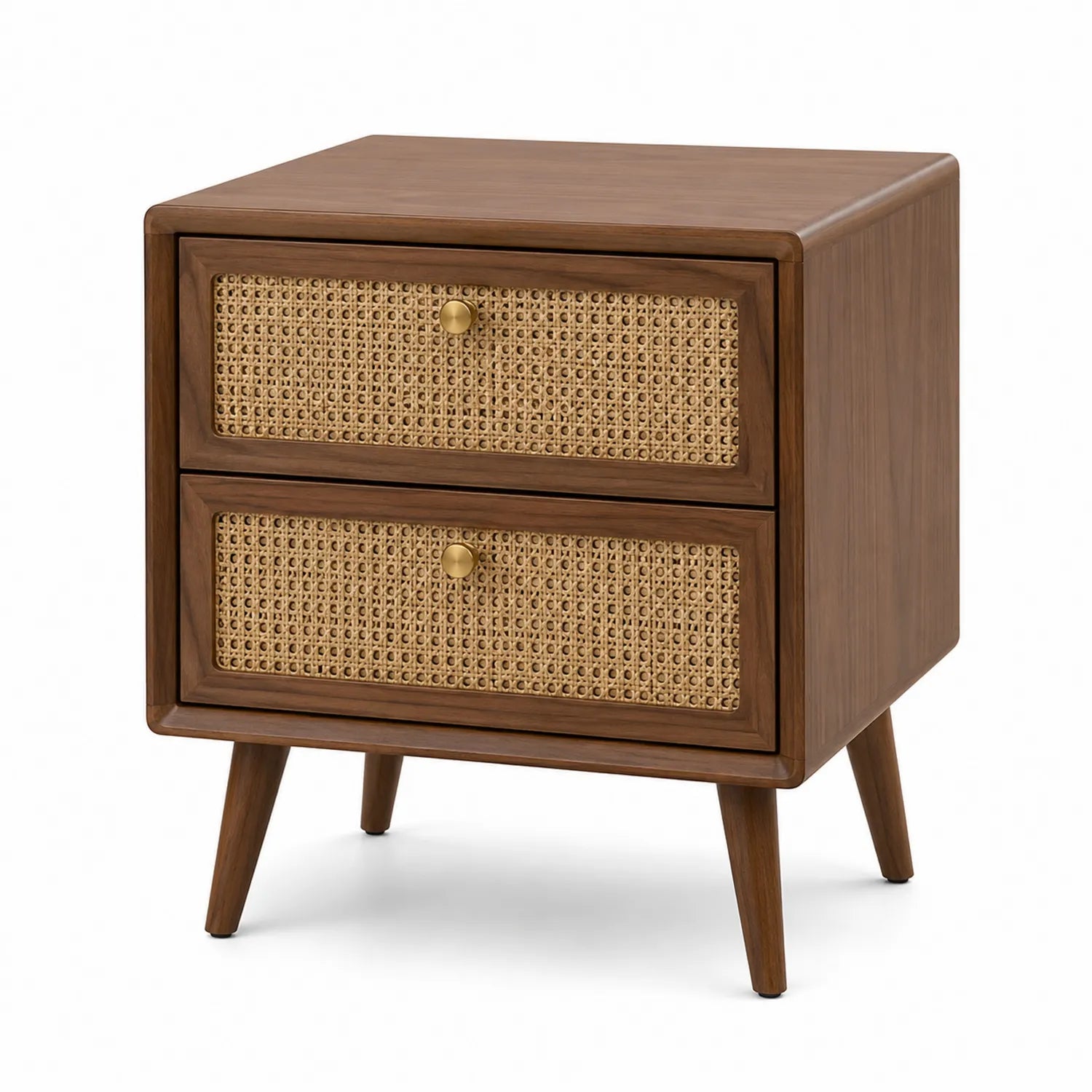 Comodino in legno con cassetti in rattan e maniglie in ottone, marrone