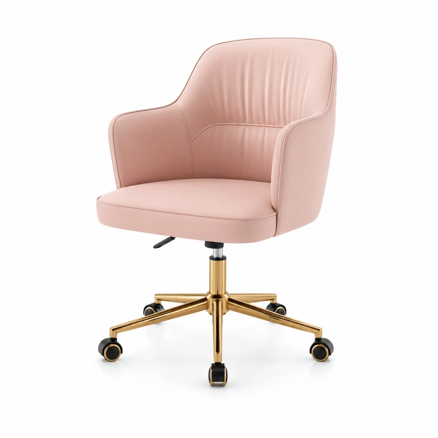 Sedia da ufficio in ecopelle rosa con base in metallo dorato