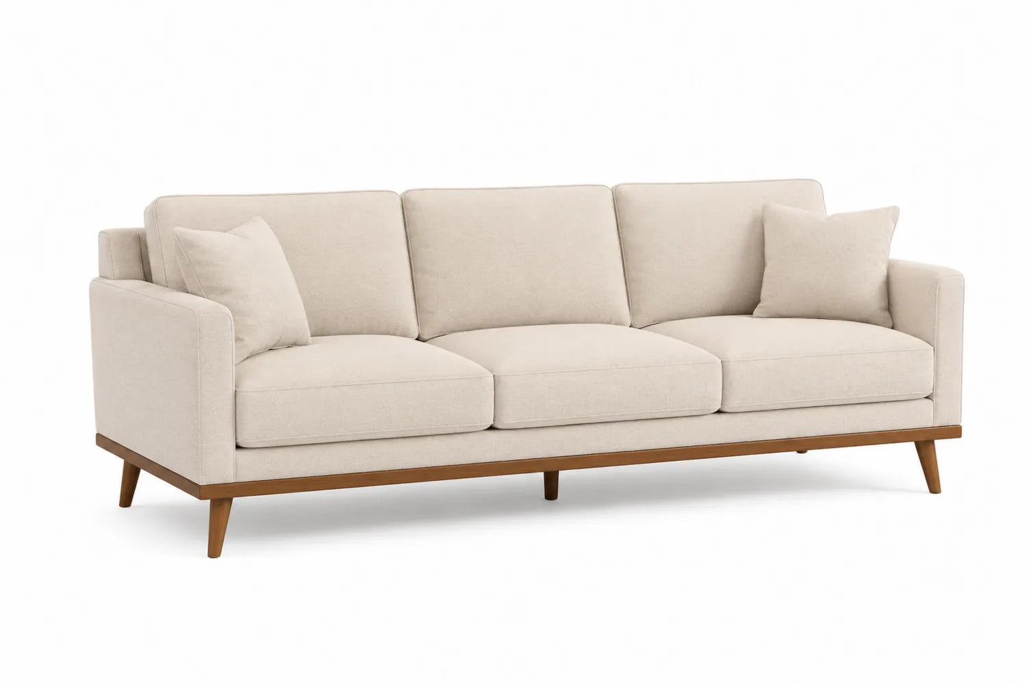 Divano a tre posti in tessuto poliestere beige con struttura in legno