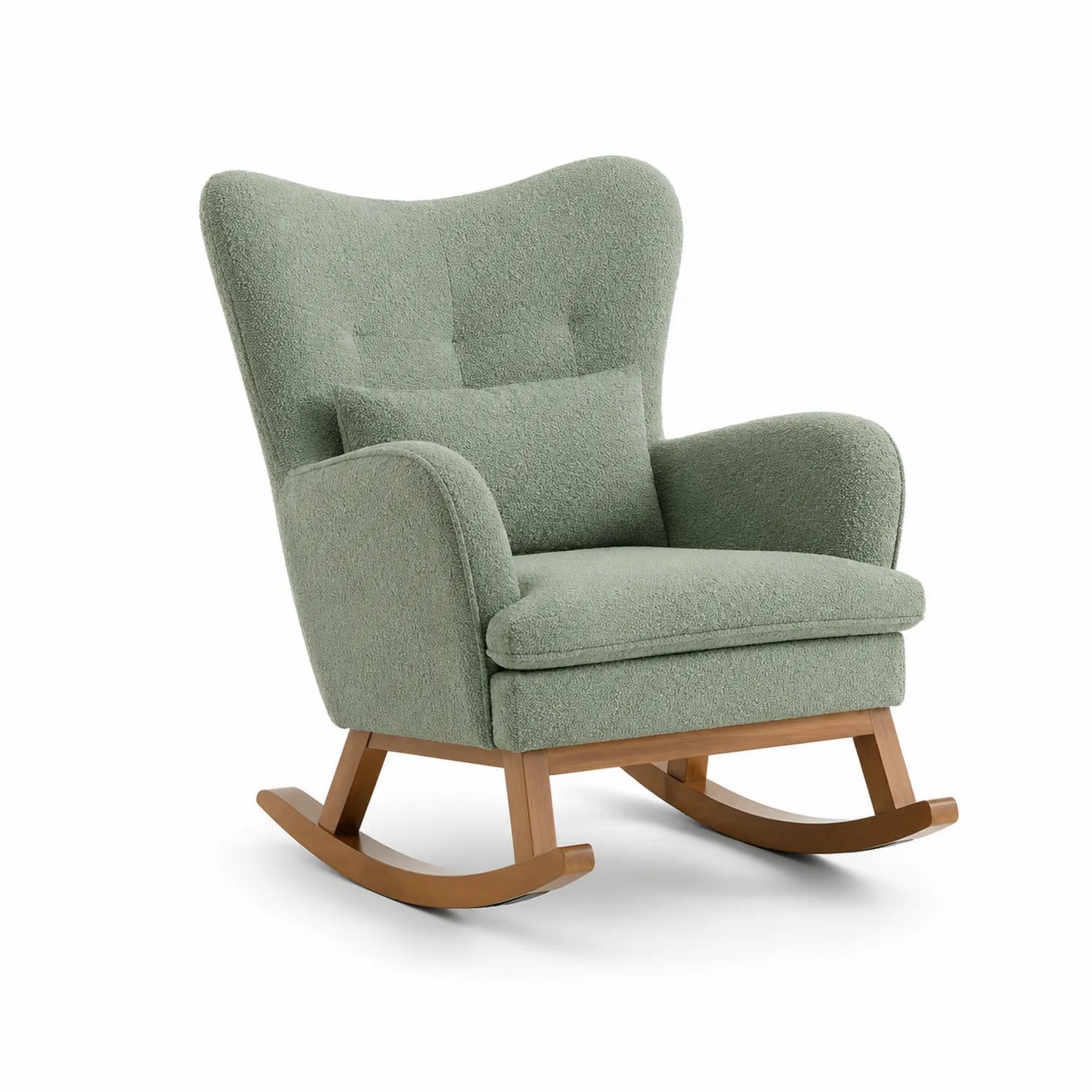 Sedia a dondolo in tessuto bouclé verde con struttura in legno