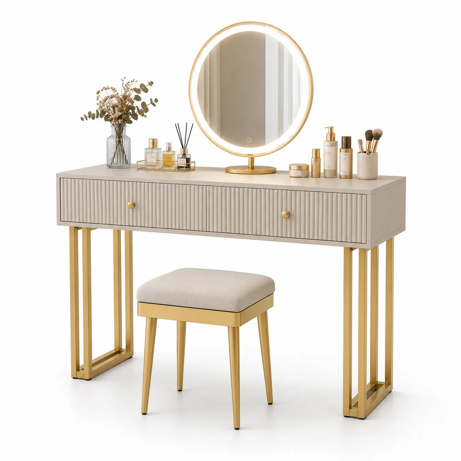 Tavolo da Toeletta con Specchio Circolare e Sgabello Beige e Oro