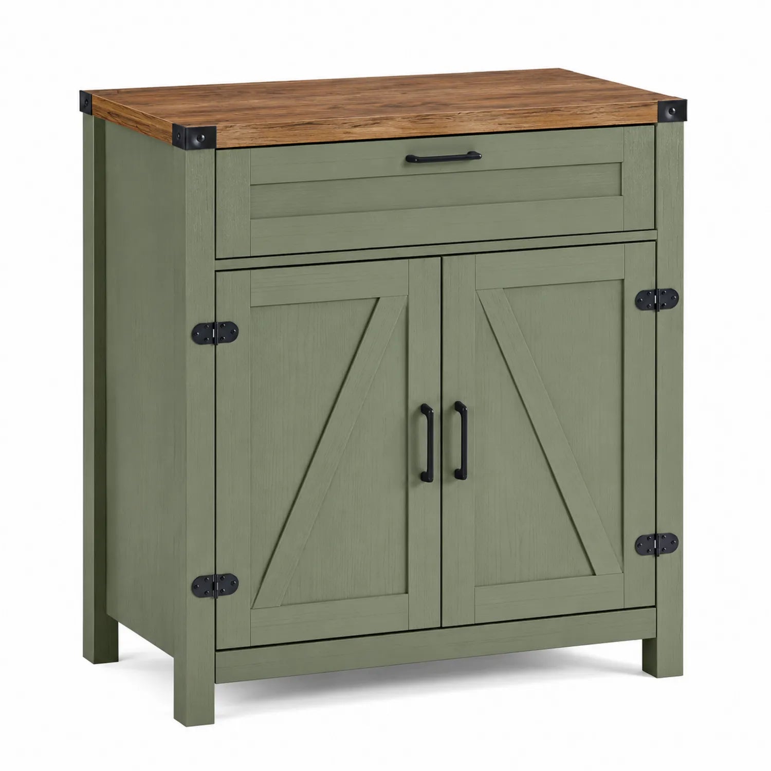 Credenza in legno con top in rovere e ante verdi