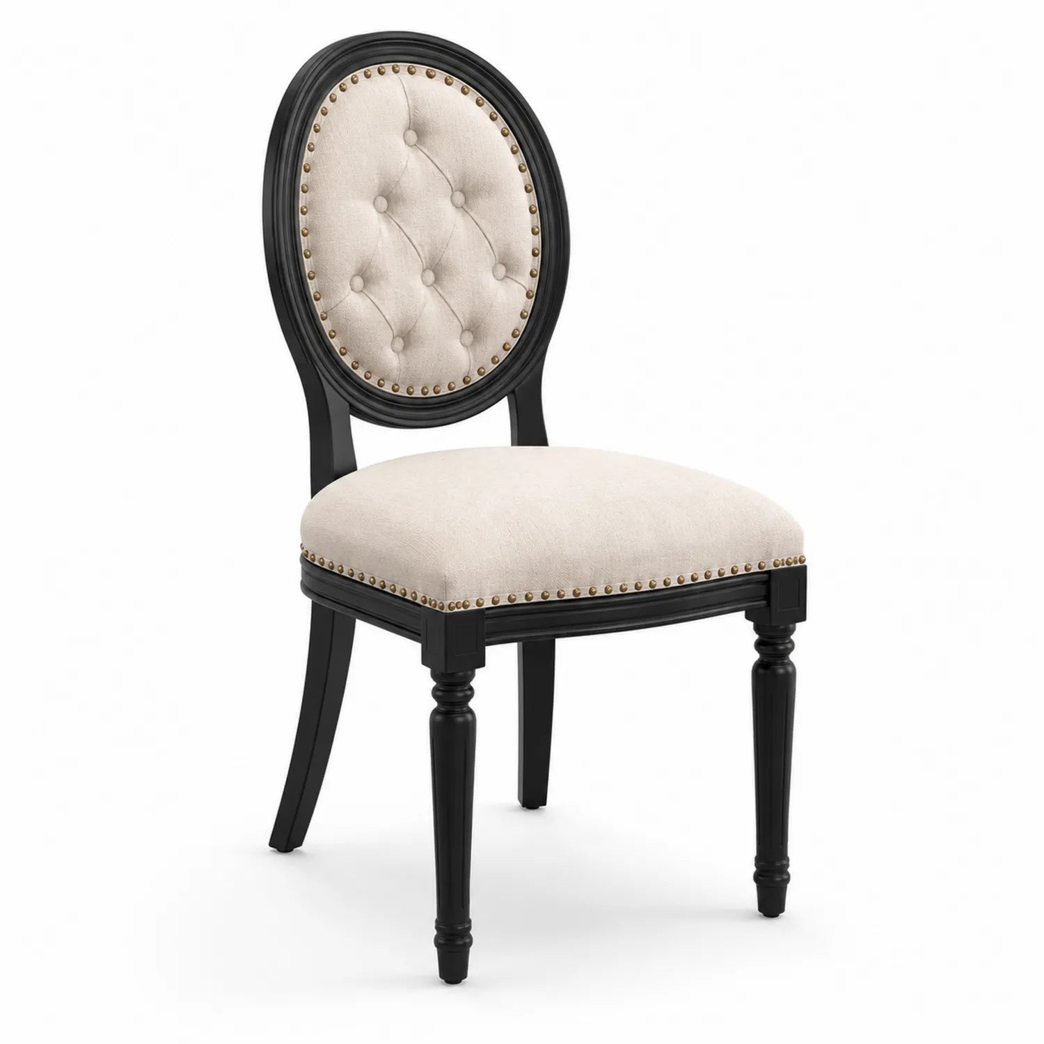 Sedia da pranzo in legno massello nero con seduta e schienale in lino beige