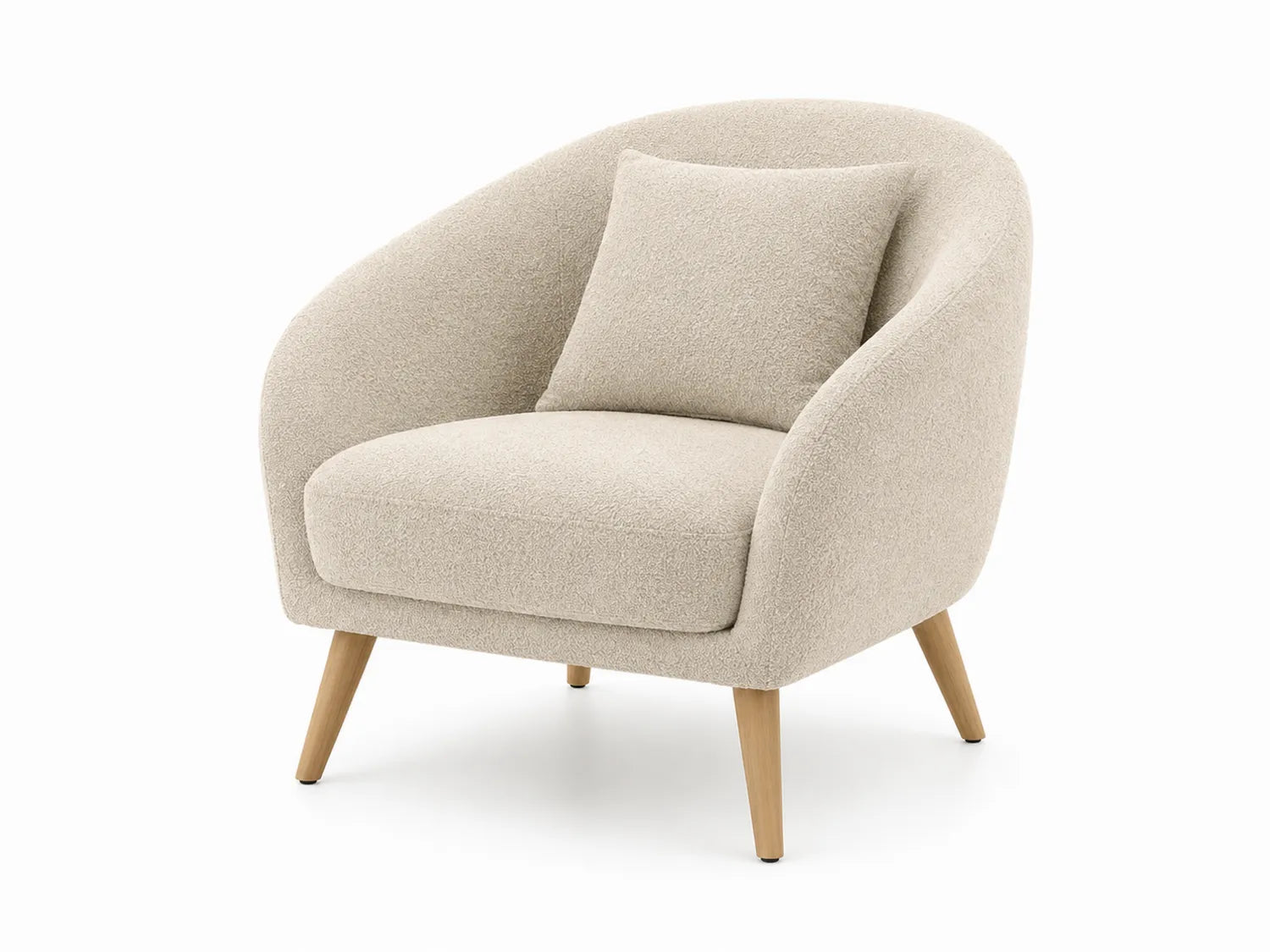 Poltrona in tessuto bouclé beige con gambe in legno