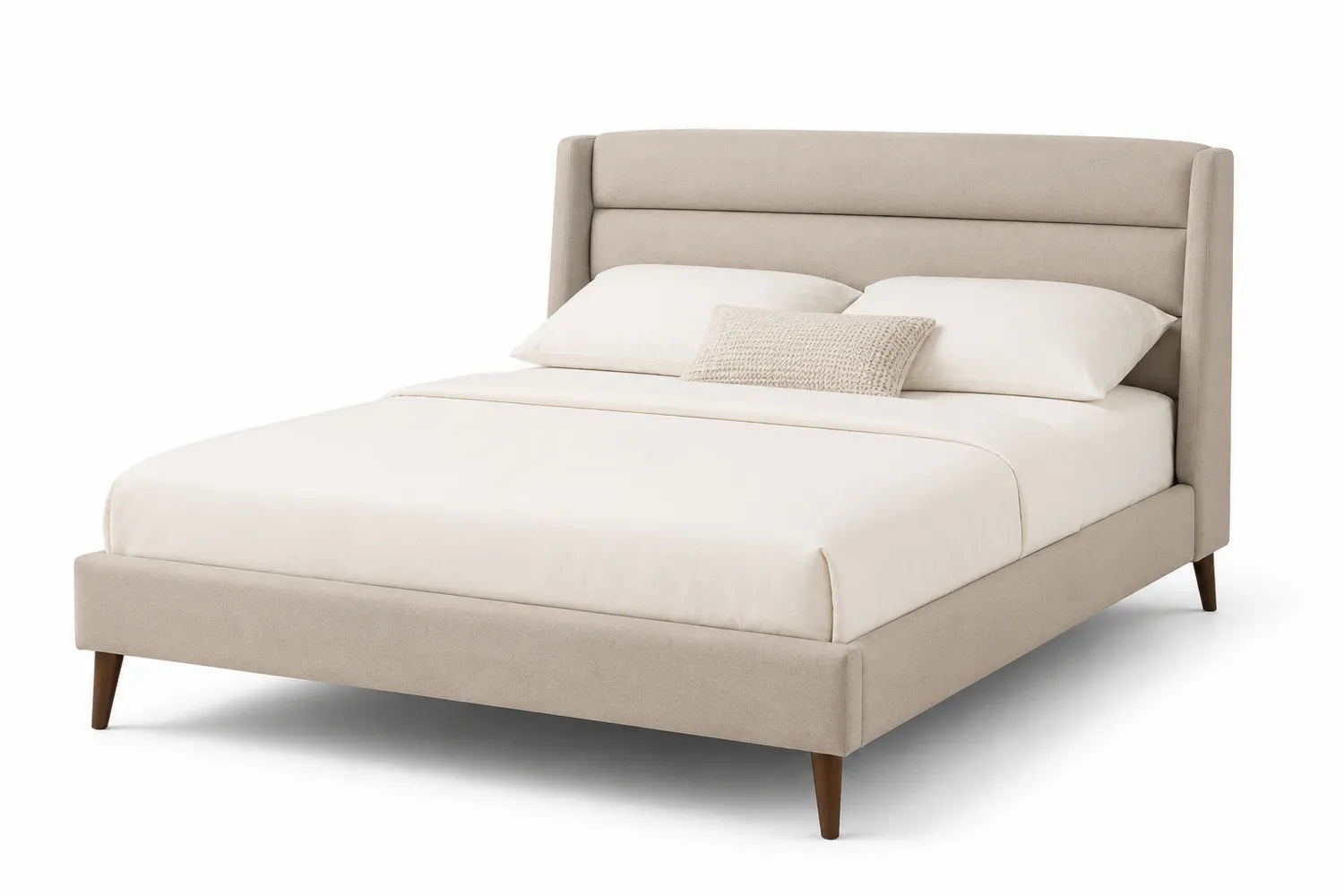 Letto imbottito in tessuto beige con gambe in legno