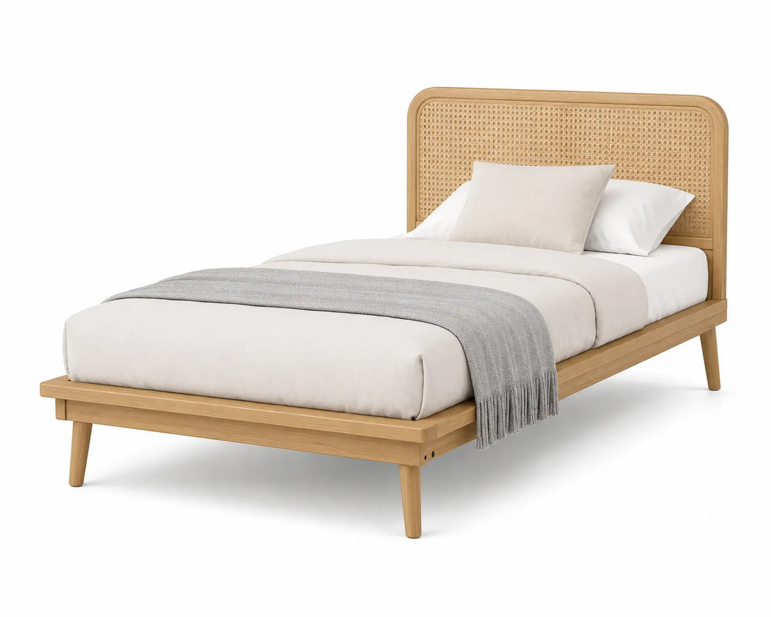Letto singolo in legno con testiera in rattan