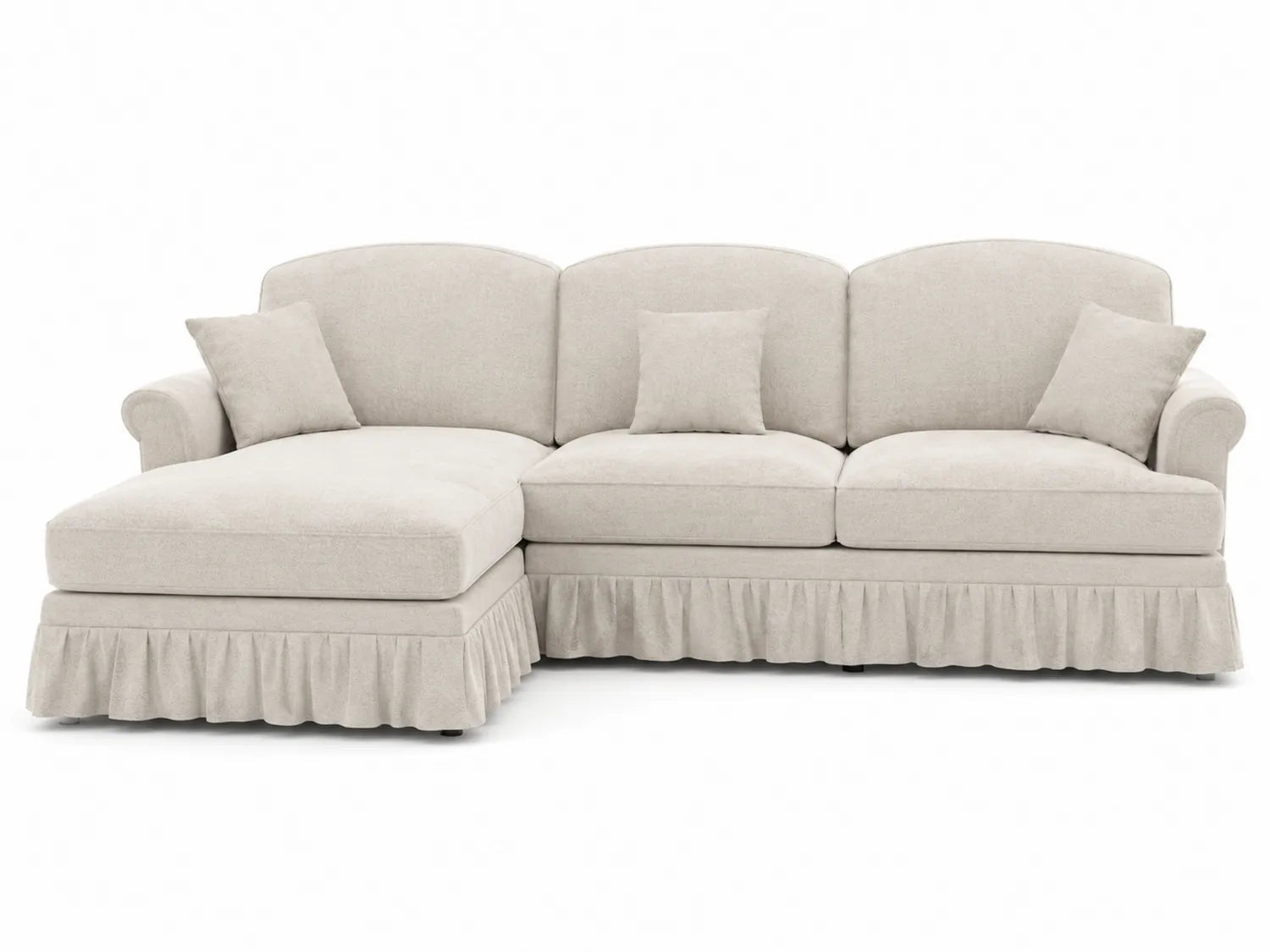Divano angolare in tessuto beige con cuscini