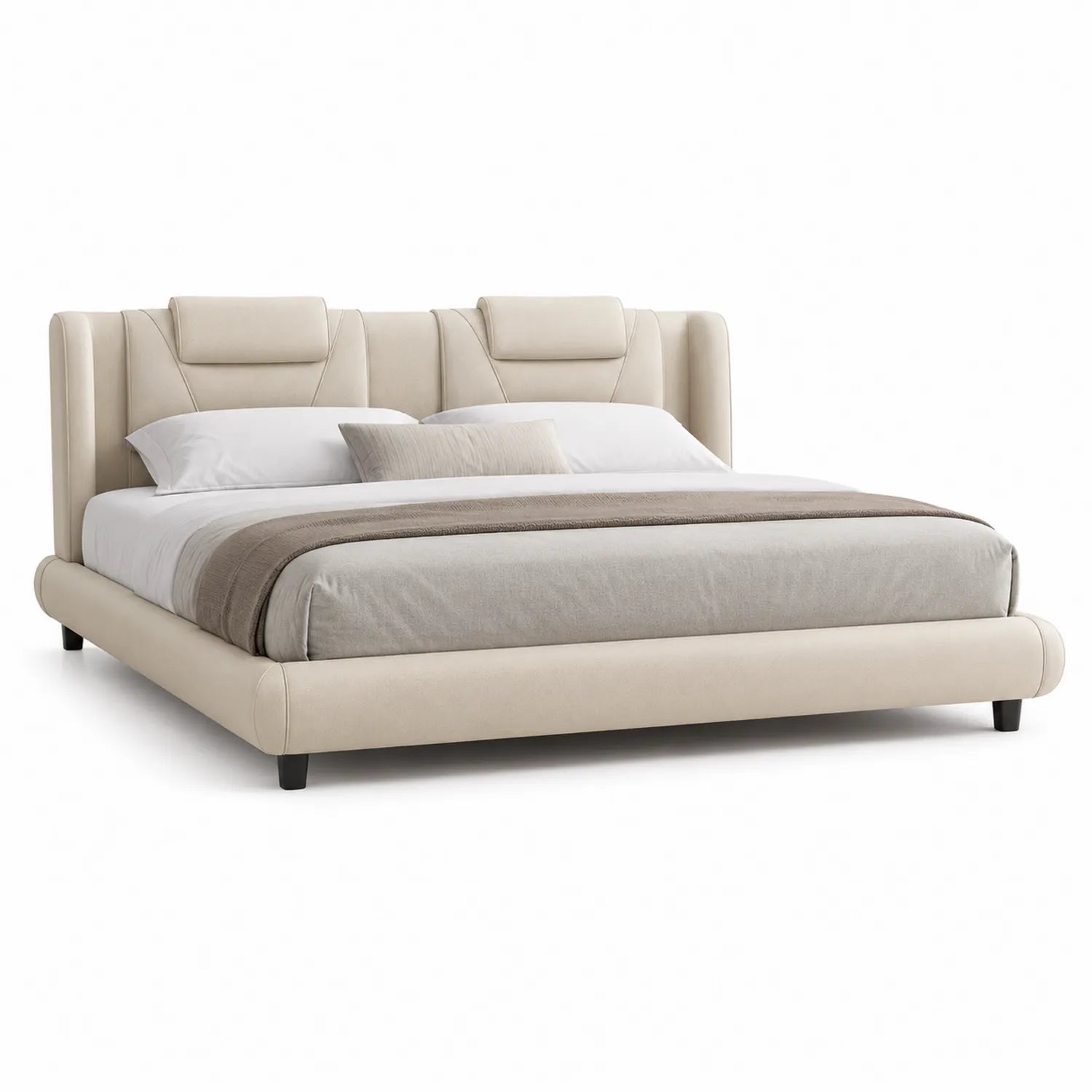 Letto matrimoniale in legno beige con rivestimento in pelle sintetica e testiera imbottita 200x160 cm