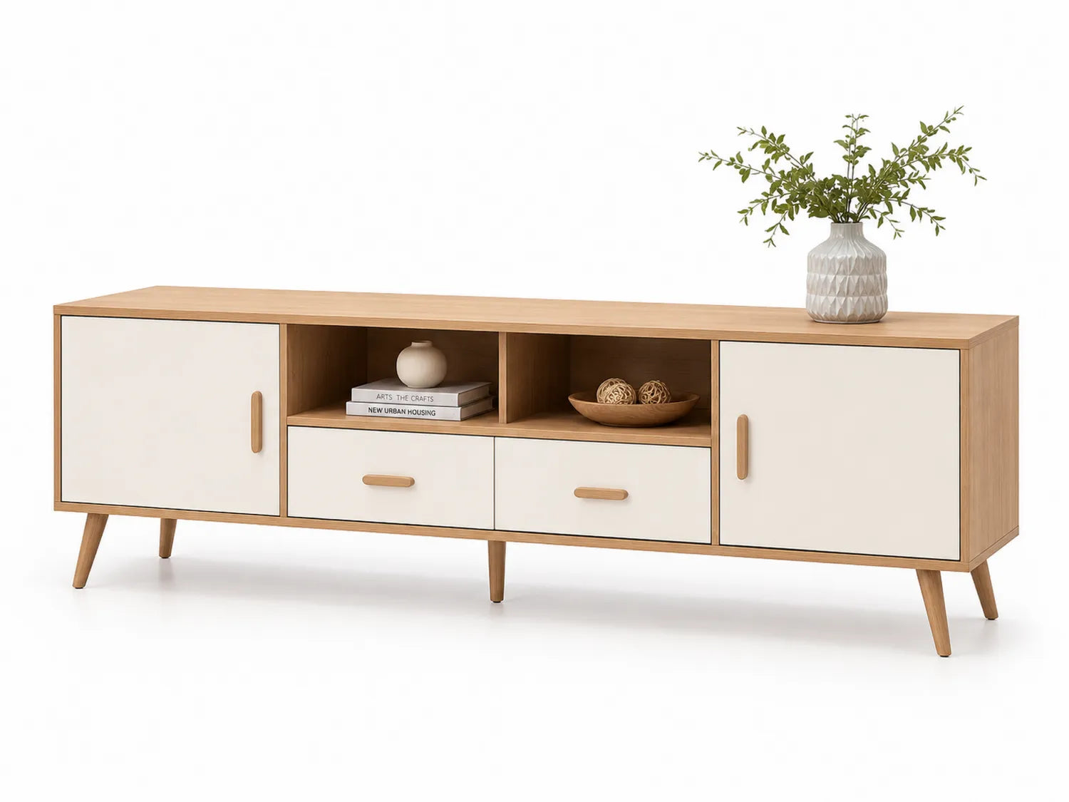 Mobile TV in legno e MDF con ante e cassetti rovere e bianco 180x40x50 cm