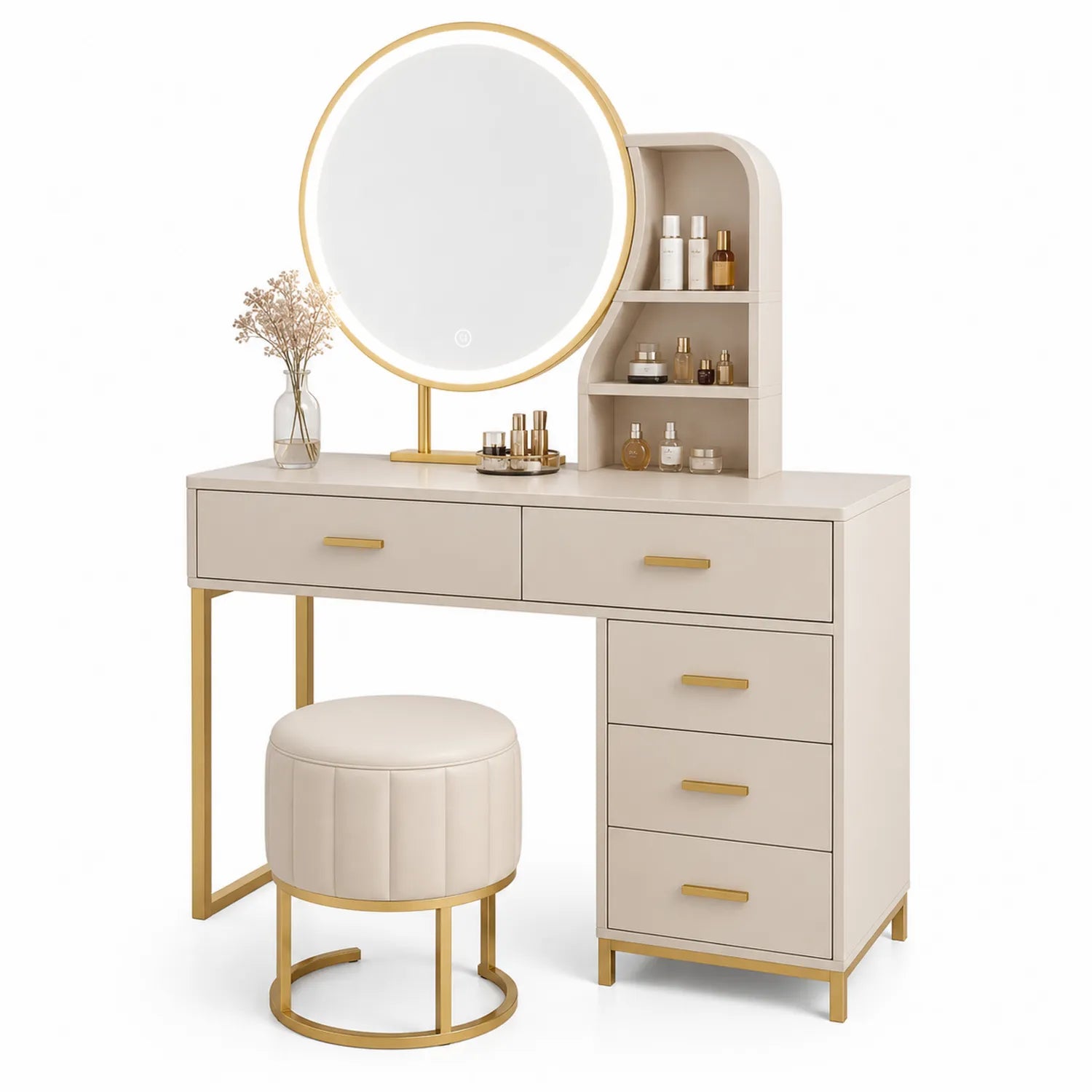 Toletta da Trucco con Specchio Rotondo e Sgabello in Beige