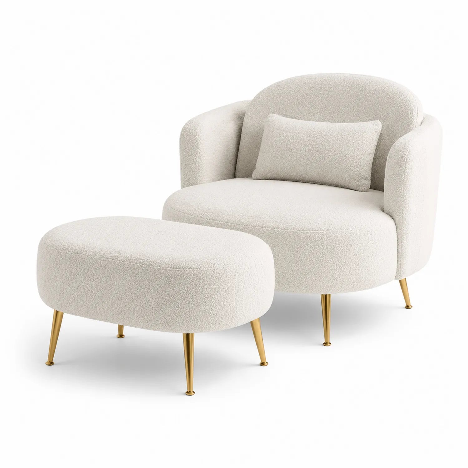 Set Poltrona e Pouf in Tessuto Bouclé Bianco con Gambe in Metallo