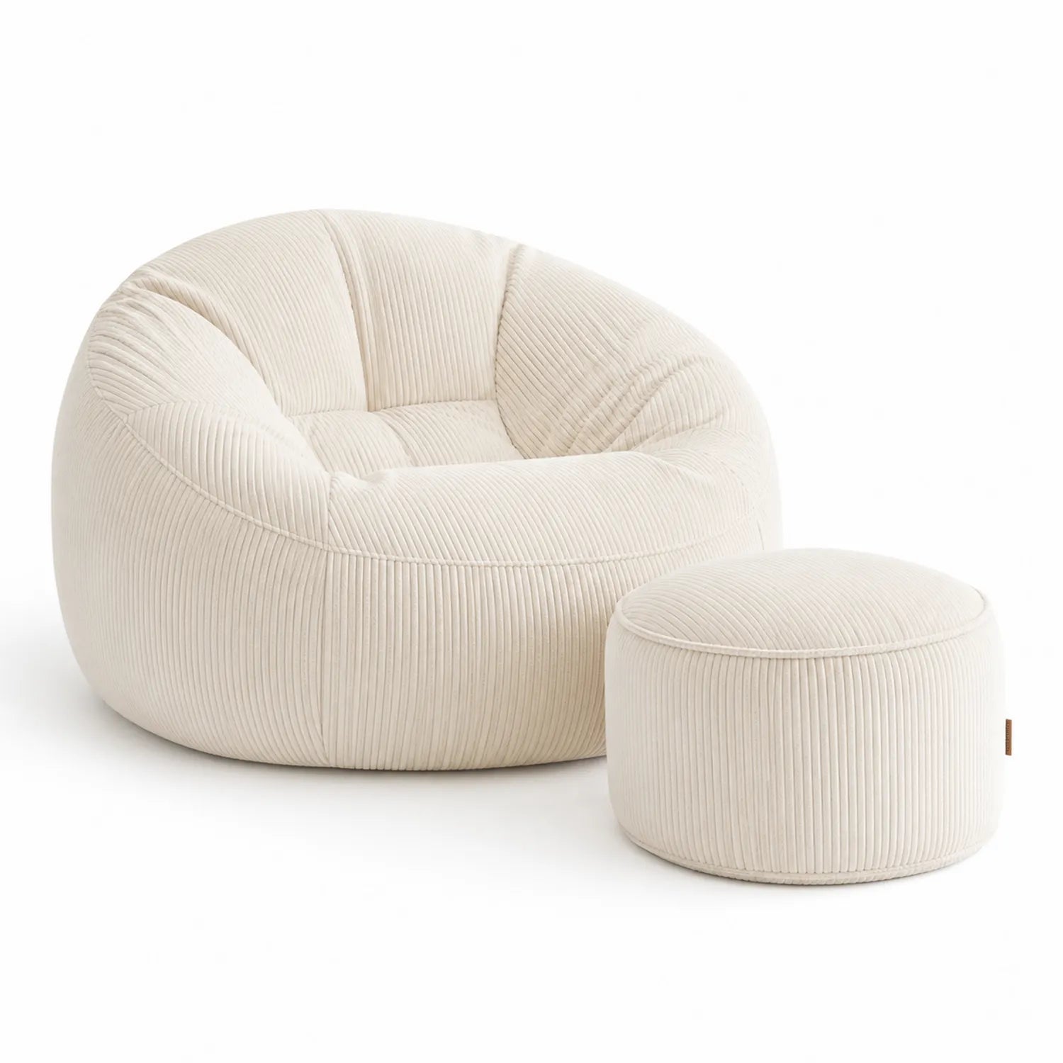 Poltrona sacco in velluto a coste beige con poggiapiedi