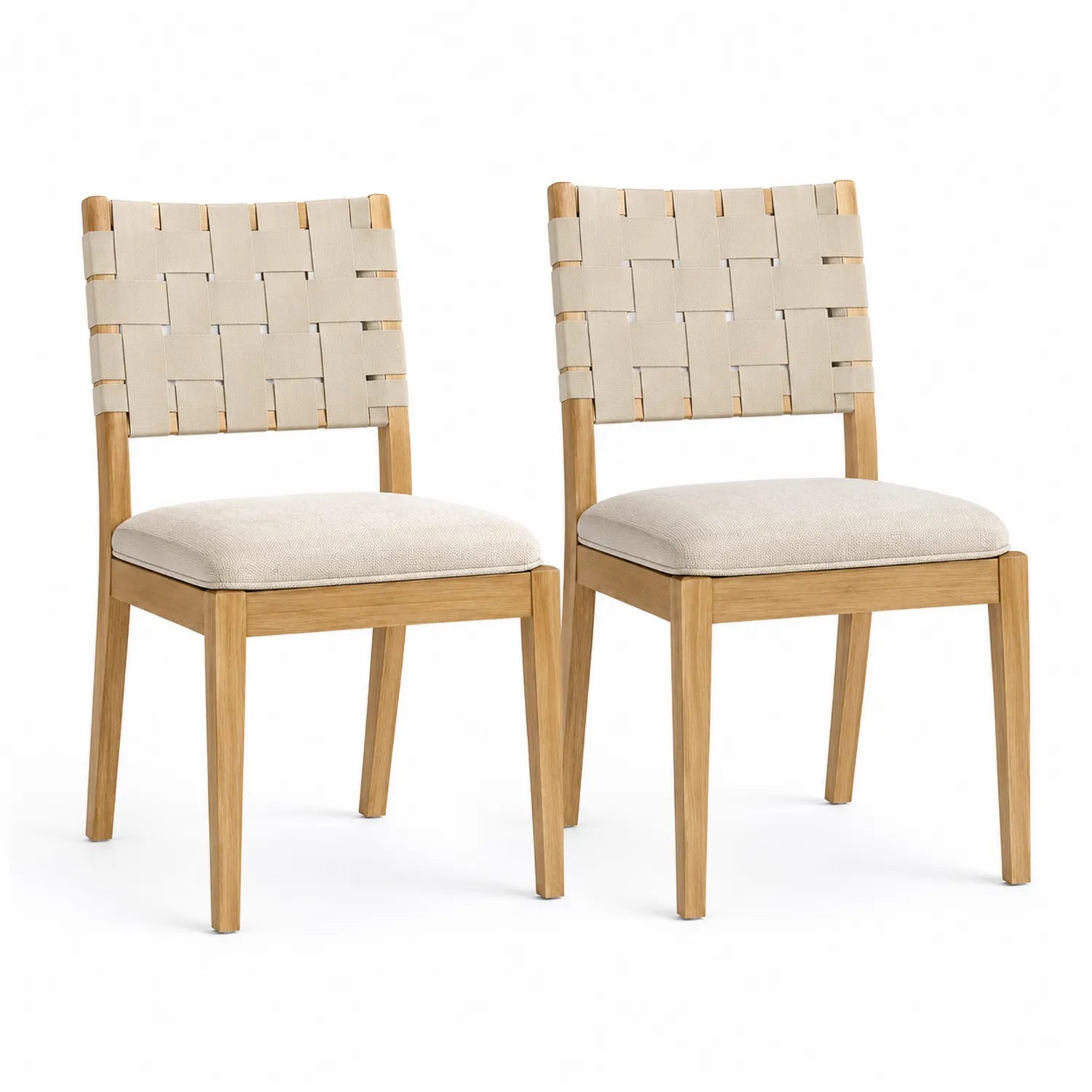 Set di 2 sedie in legno con schienale intrecciato e seduta imbottita, Beige, altezza 85 cm