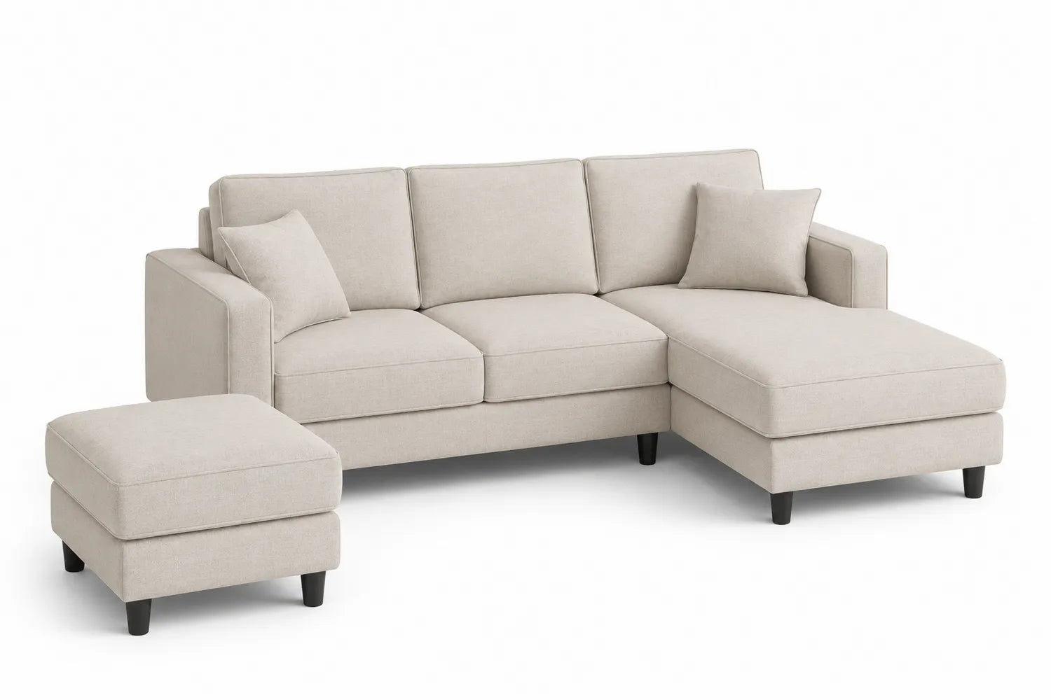 Divano angolare a L in tessuto beige con pouf