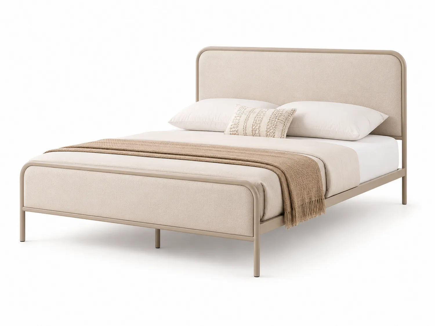 Letto matrimoniale in metallo con rivestimento in lino beige