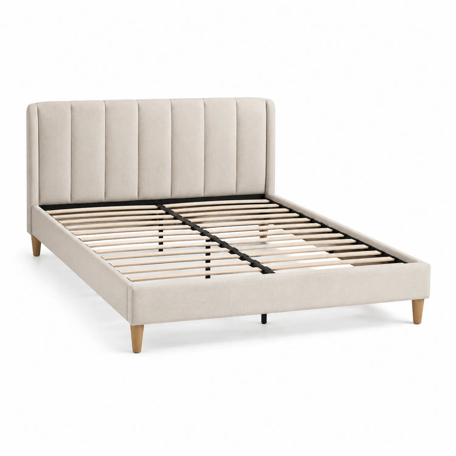 Letto Matrimoniale in Tessuto Beige con Testiera Imbottita 160x200 cm