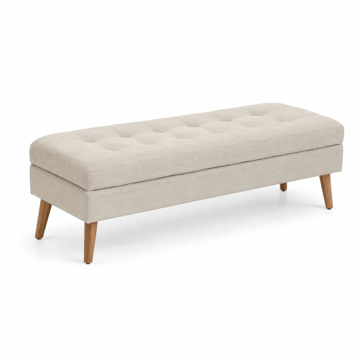 Panca rettangolare in tessuto beige con struttura in legno