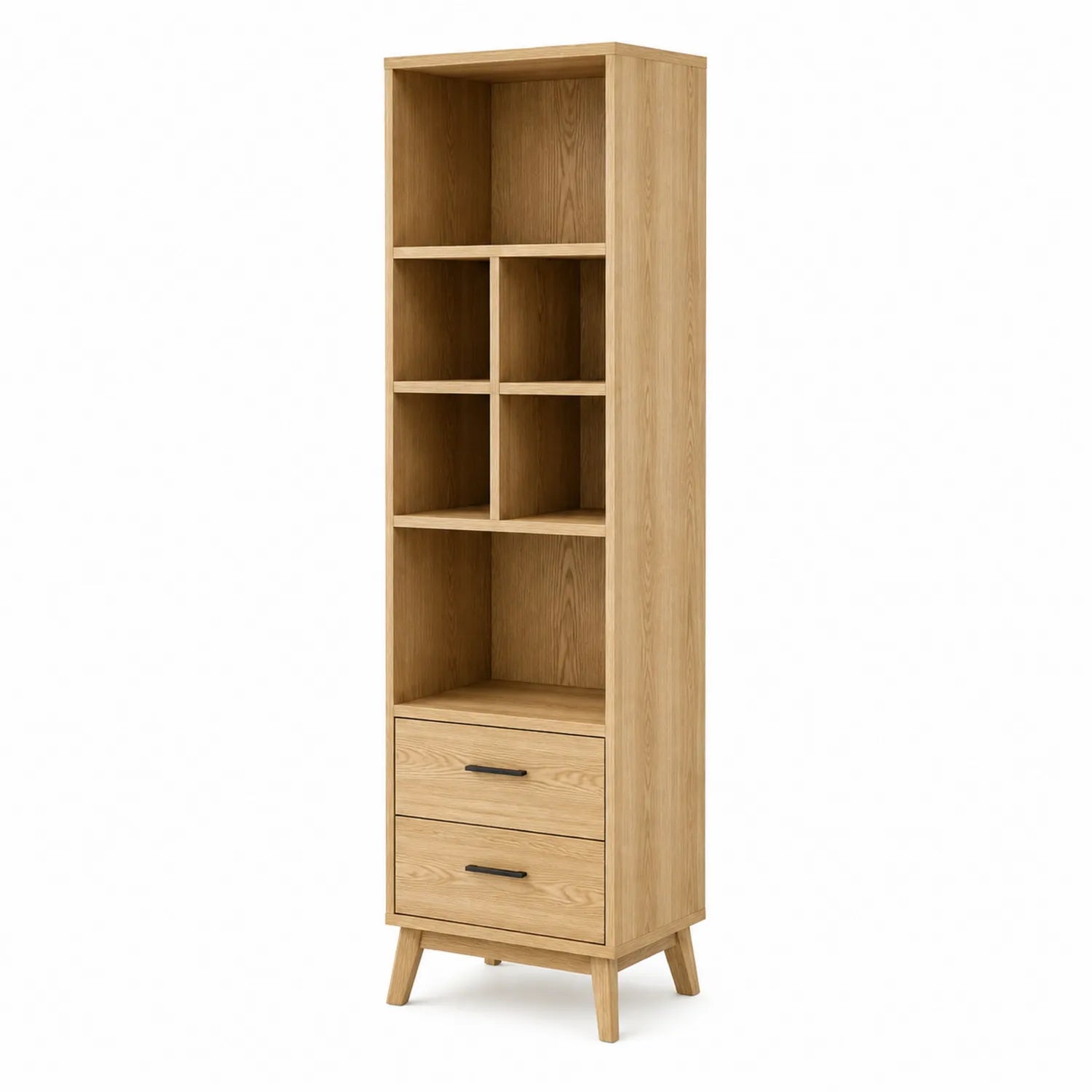 Libreria Alta in Legno di Quercia con Ripiani e Cassetti 180 cm