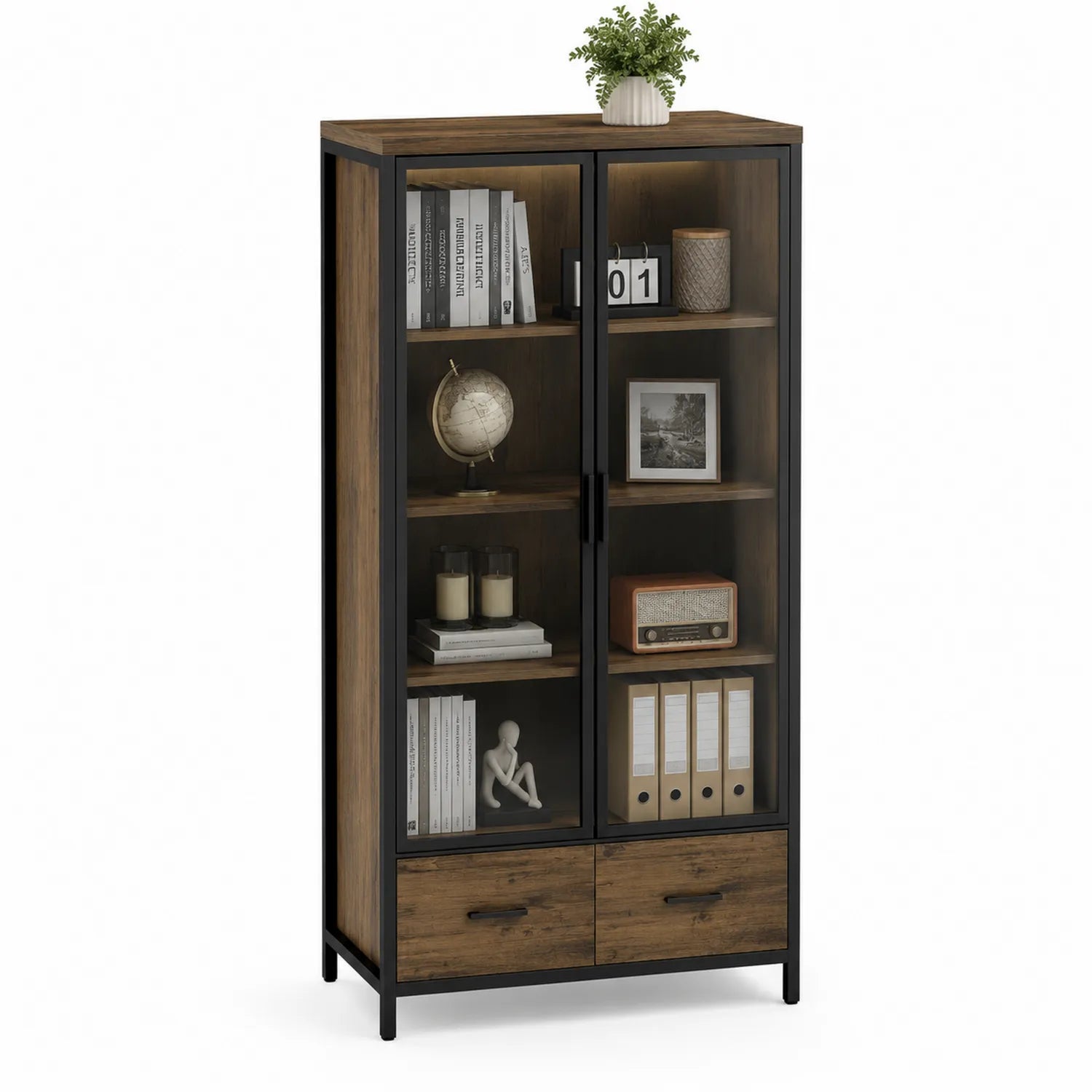 Libreria in legno MDF con porte in vetro temperato e cassetti marrone/nero