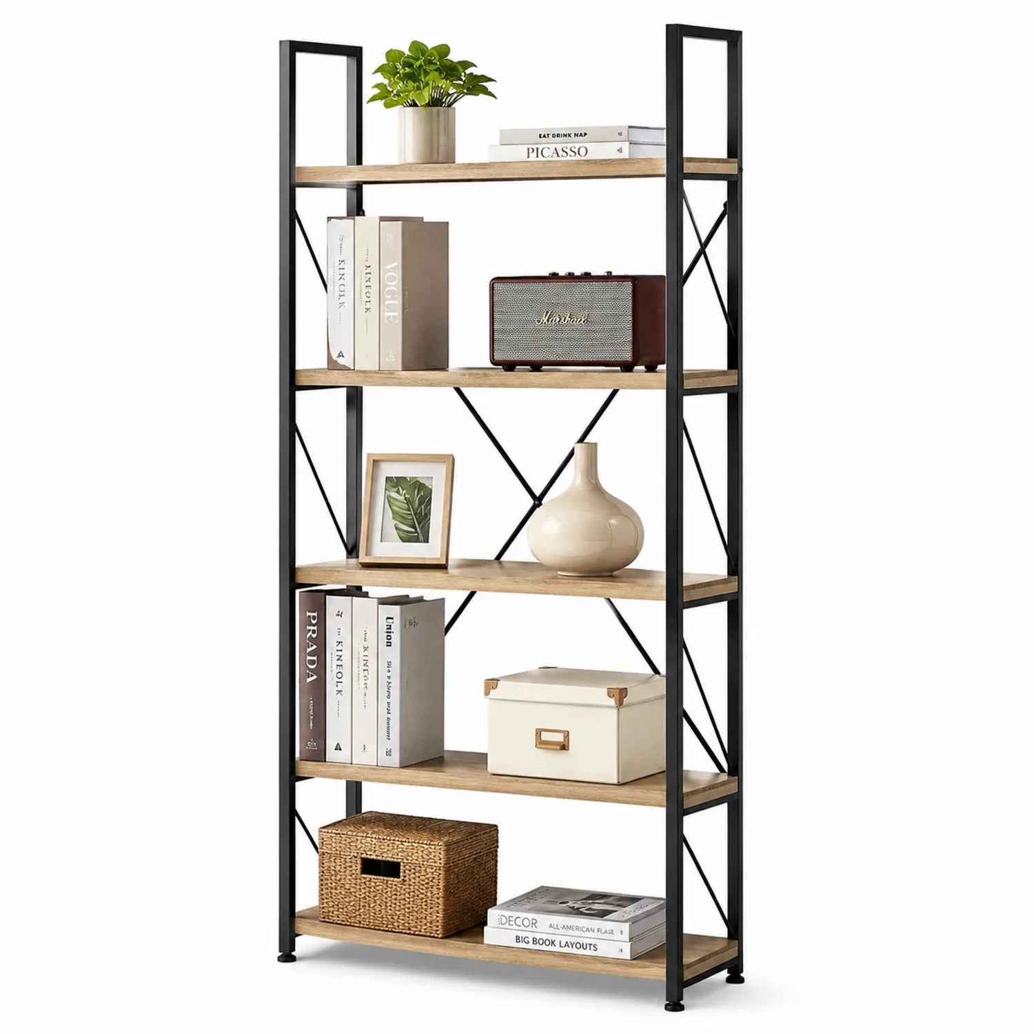Scaffale in Legno e Metallo Nero con 5 Ripiani 180x90x30 cm