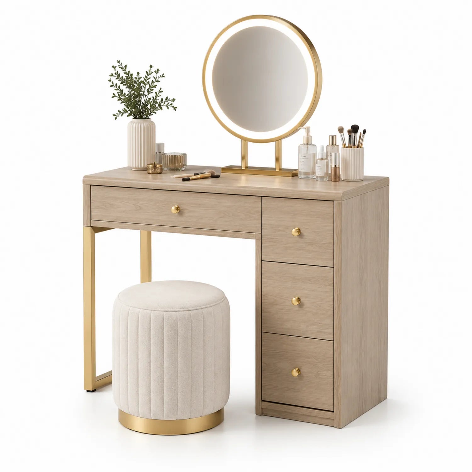 Toletta con Specchio Illuminato, Legno Composito e Ottone, Beige