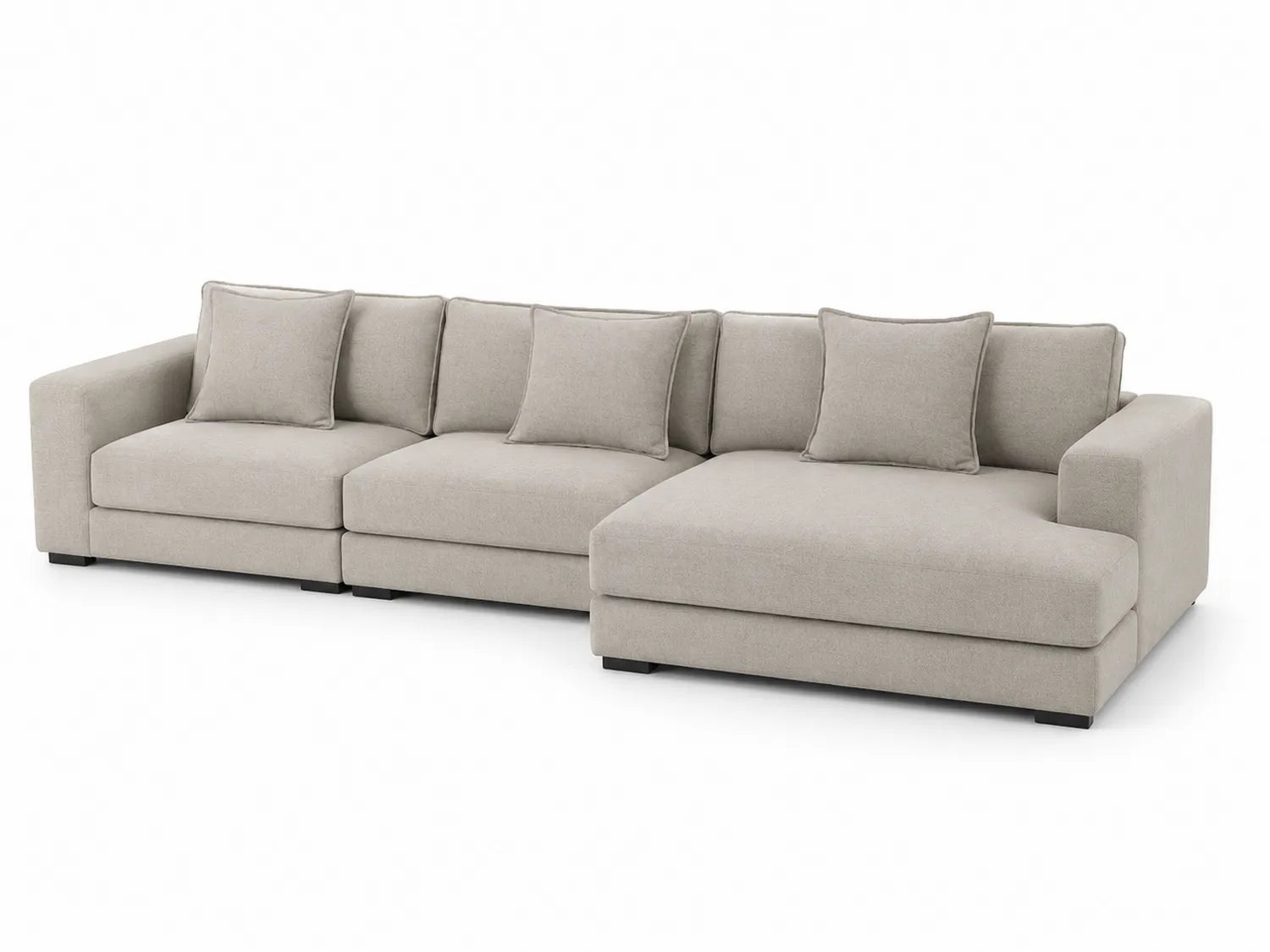 Divano modulare a forma di L in tessuto beige con cuscini