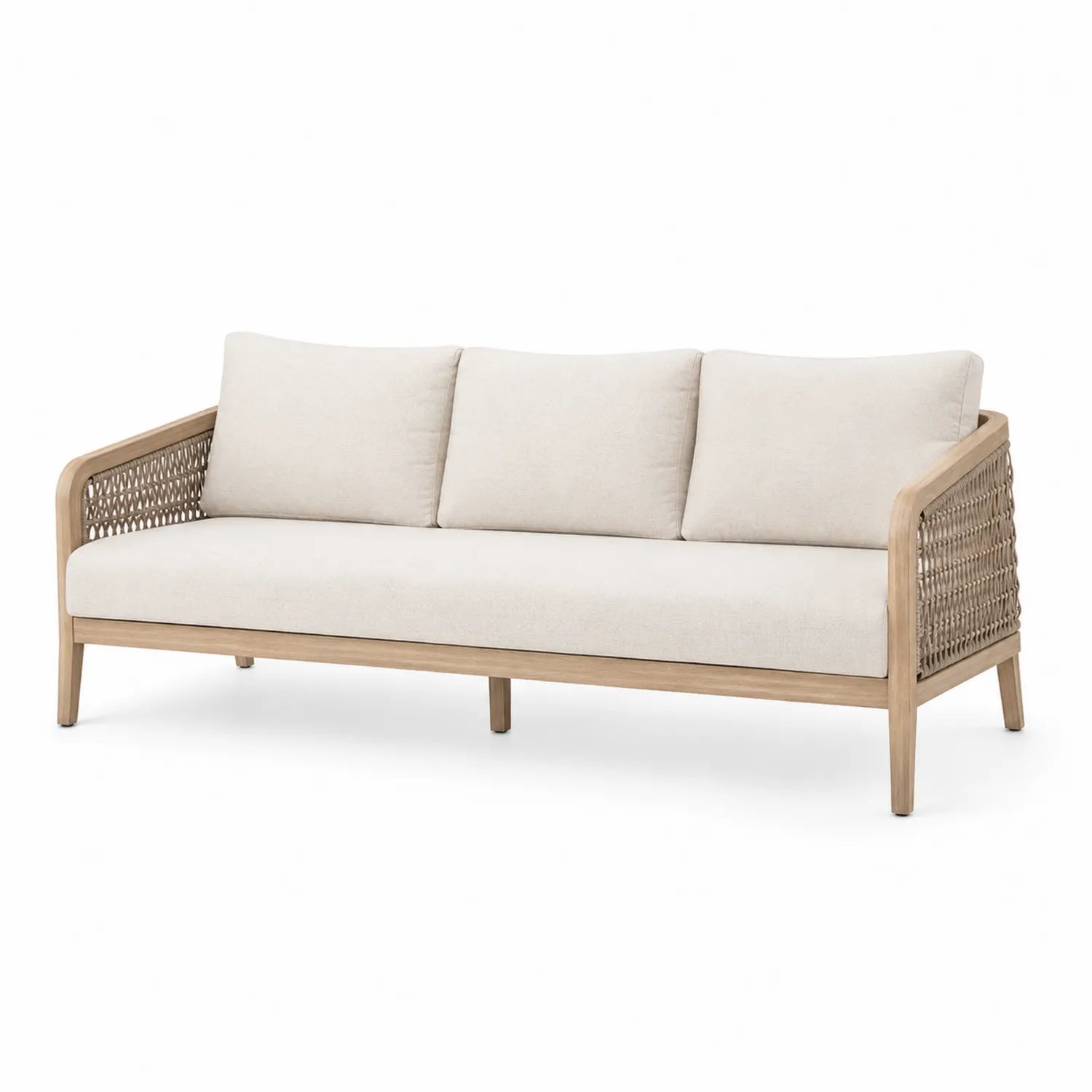 Divano da esterno a tre posti in legno di teak e rattan con cuscini in poliestere beige