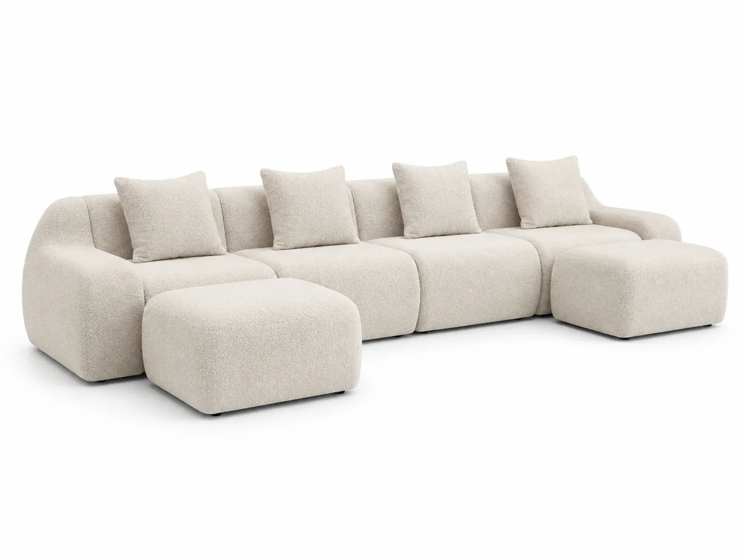 Divano modulare in tessuto bouclé beige con pouf