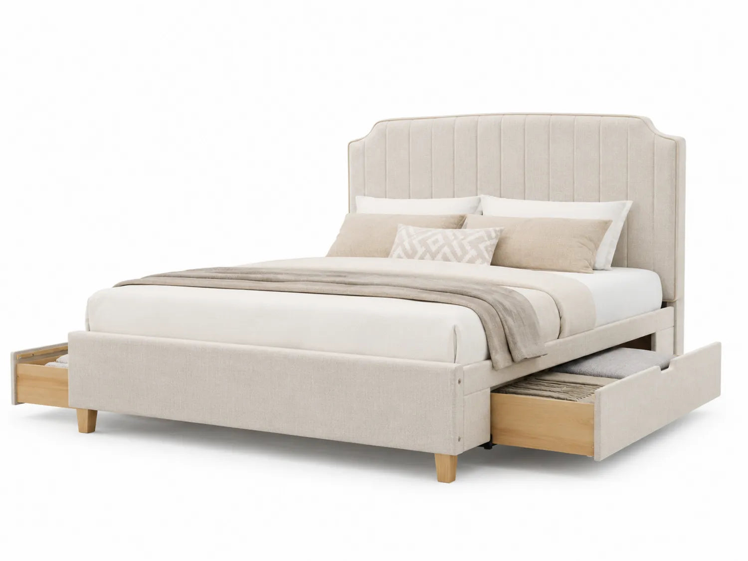 Letto in tessuto beige con cassetti e struttura in legno 200x160 cm