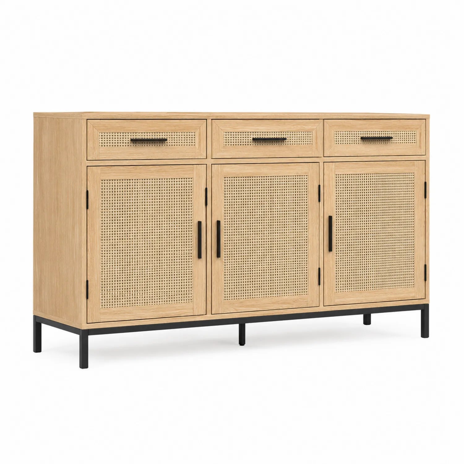 Credenza buffet in legno di quercia e rattan a tre ante