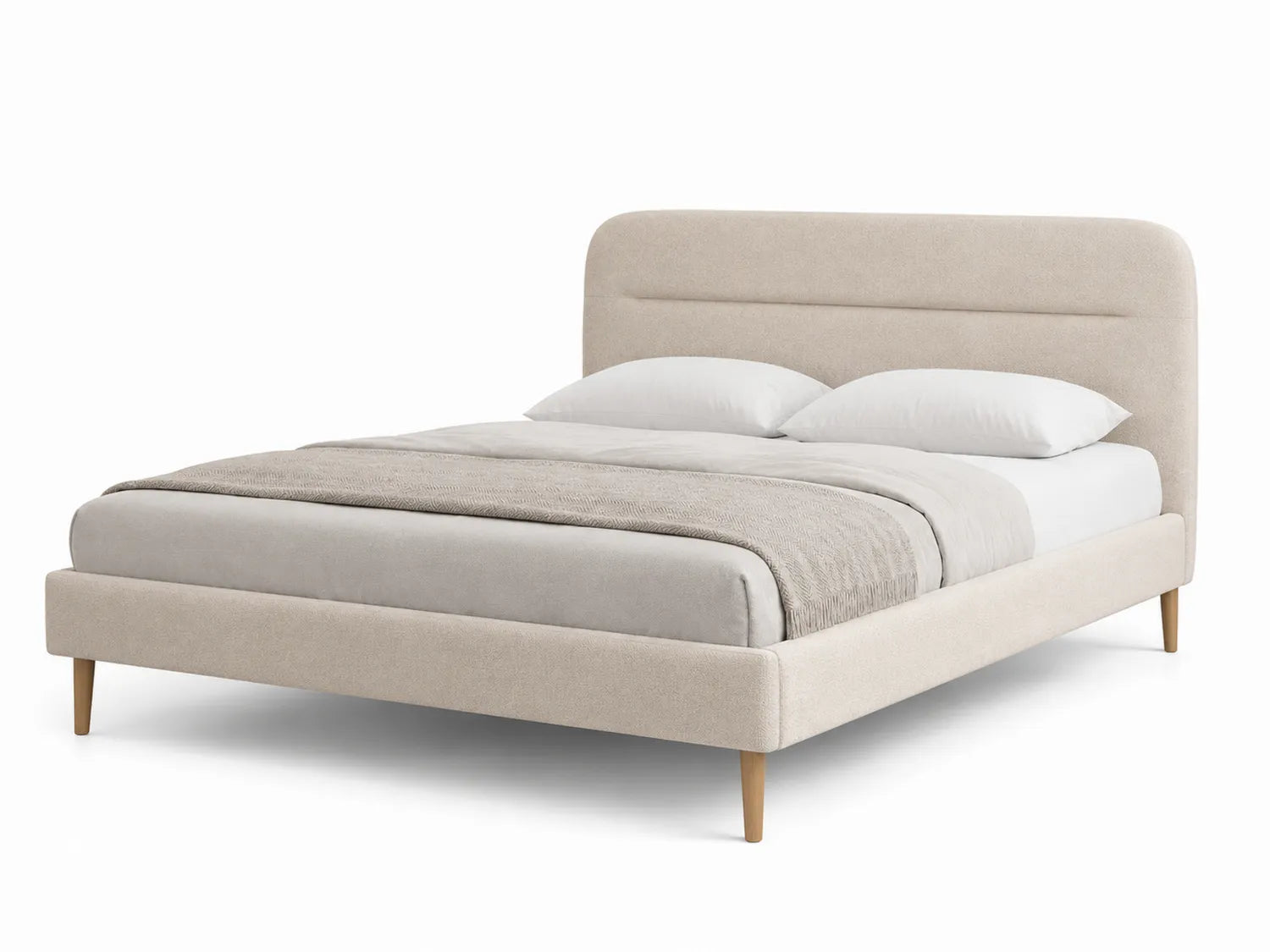 Letto matrimoniale rivestito in tessuto beige con struttura in legno