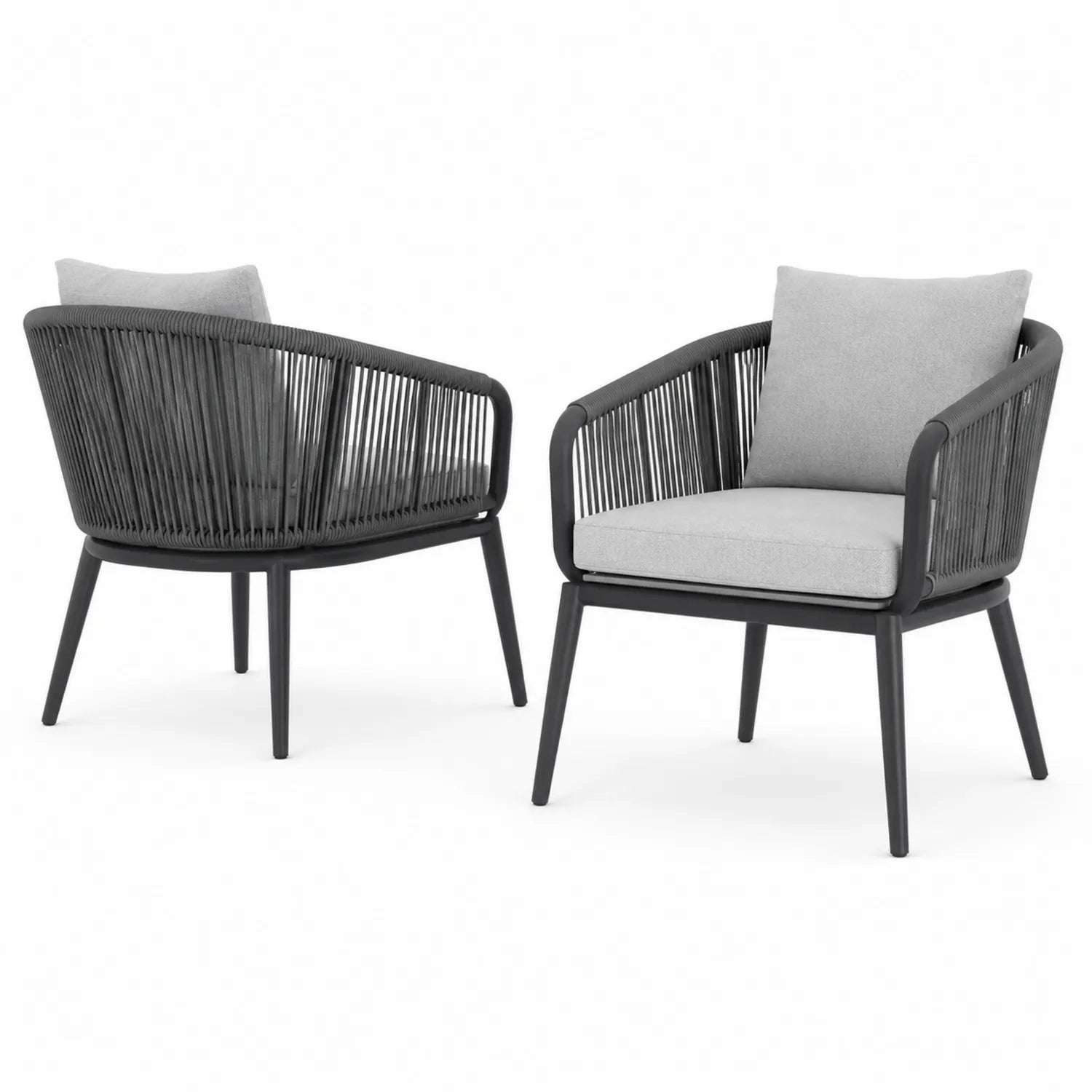 Set di 2 Sedie da Esterno in Alluminio e Corda con Cuscini in Tessuto Grigio