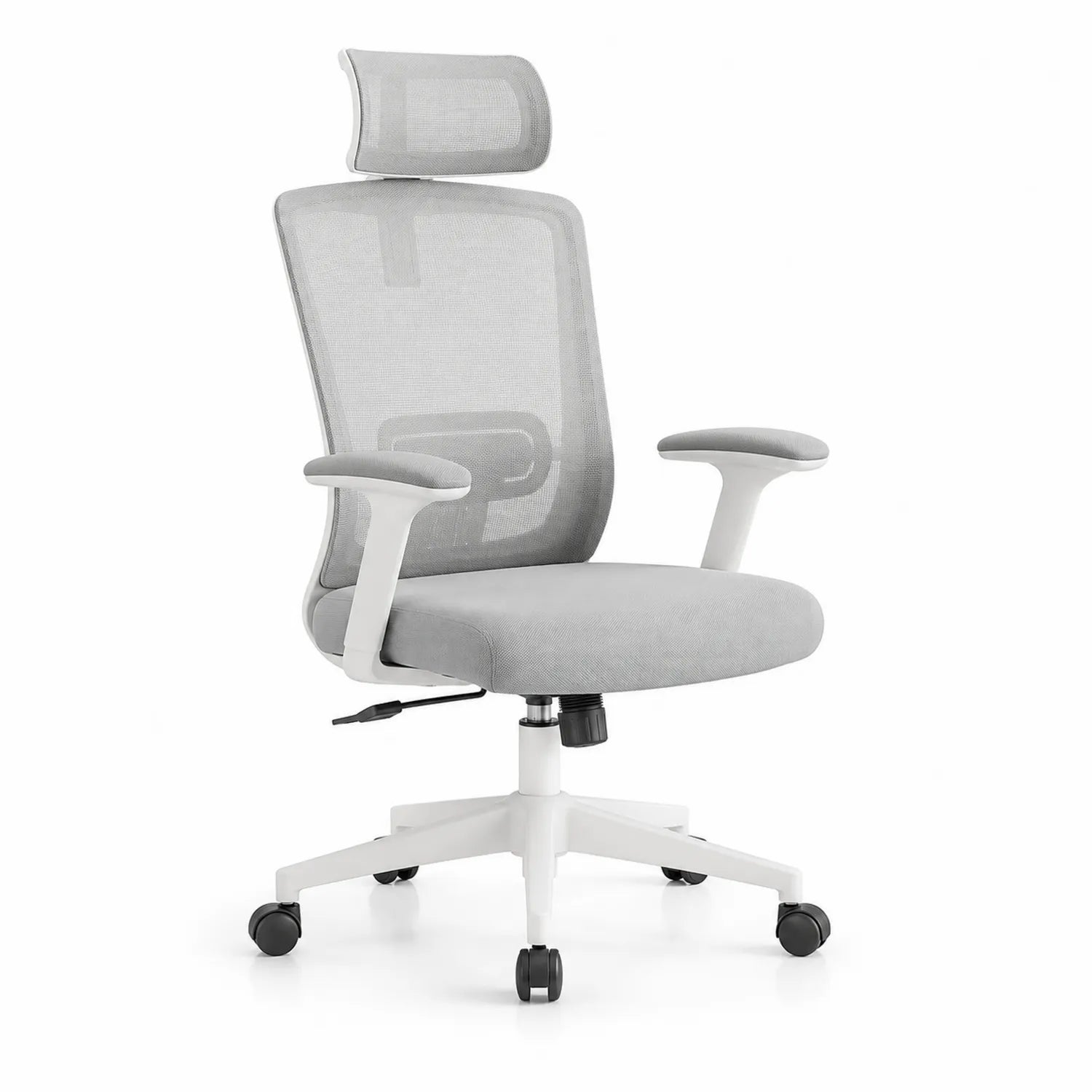 Sedia da ufficio ergonomica in tessuto grigio con base e poggiatesta bianchi