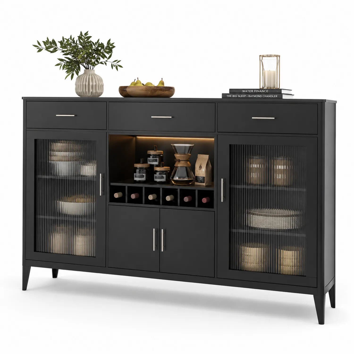 Credenza in MDF e vetro scanalato nera con ripiani per vino 152x40x95 cm