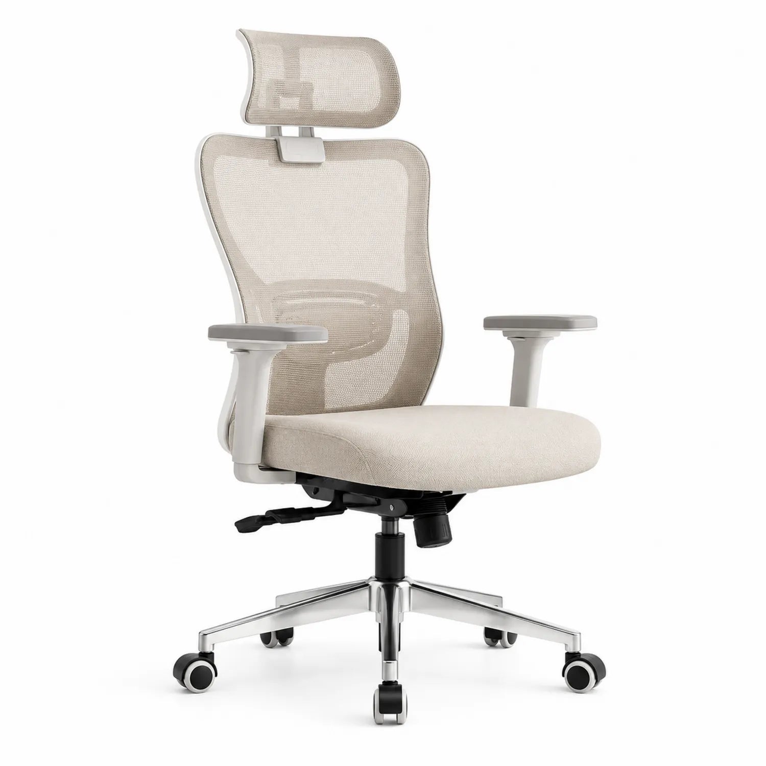 Sedia da ufficio ergonomica in tessuto a rete con base in metallo, Beige
