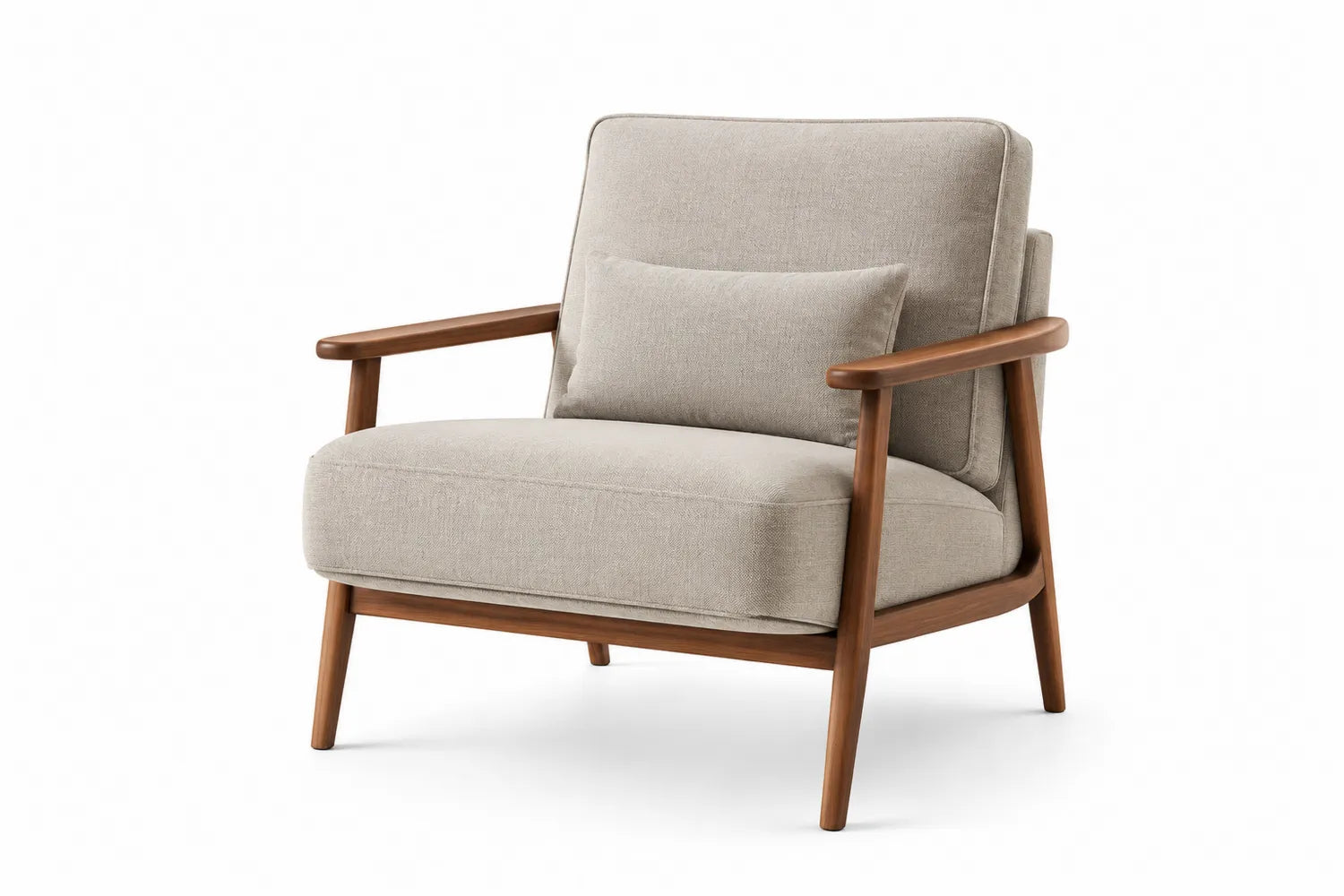 Poltrona in legno con tessuto beige e cuscino