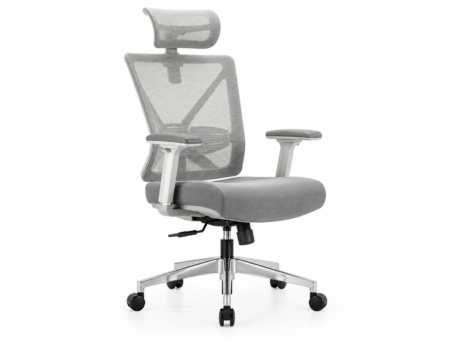 Sedia da ufficio ergonomica grigia con schienale in rete e poggiatesta regolabile