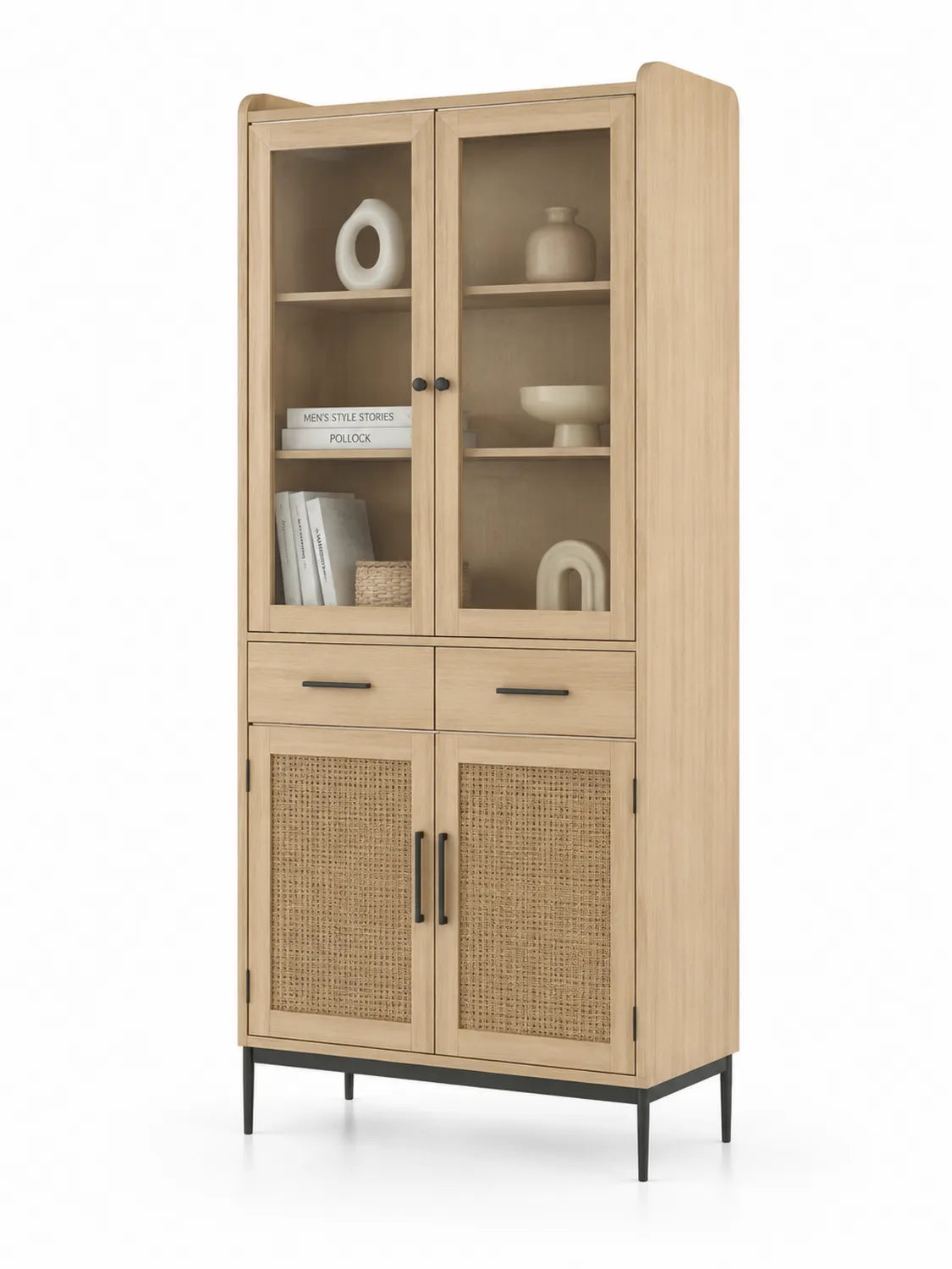 Credenza alta in legno con ante in vetro e rattan 180x80x40 cm